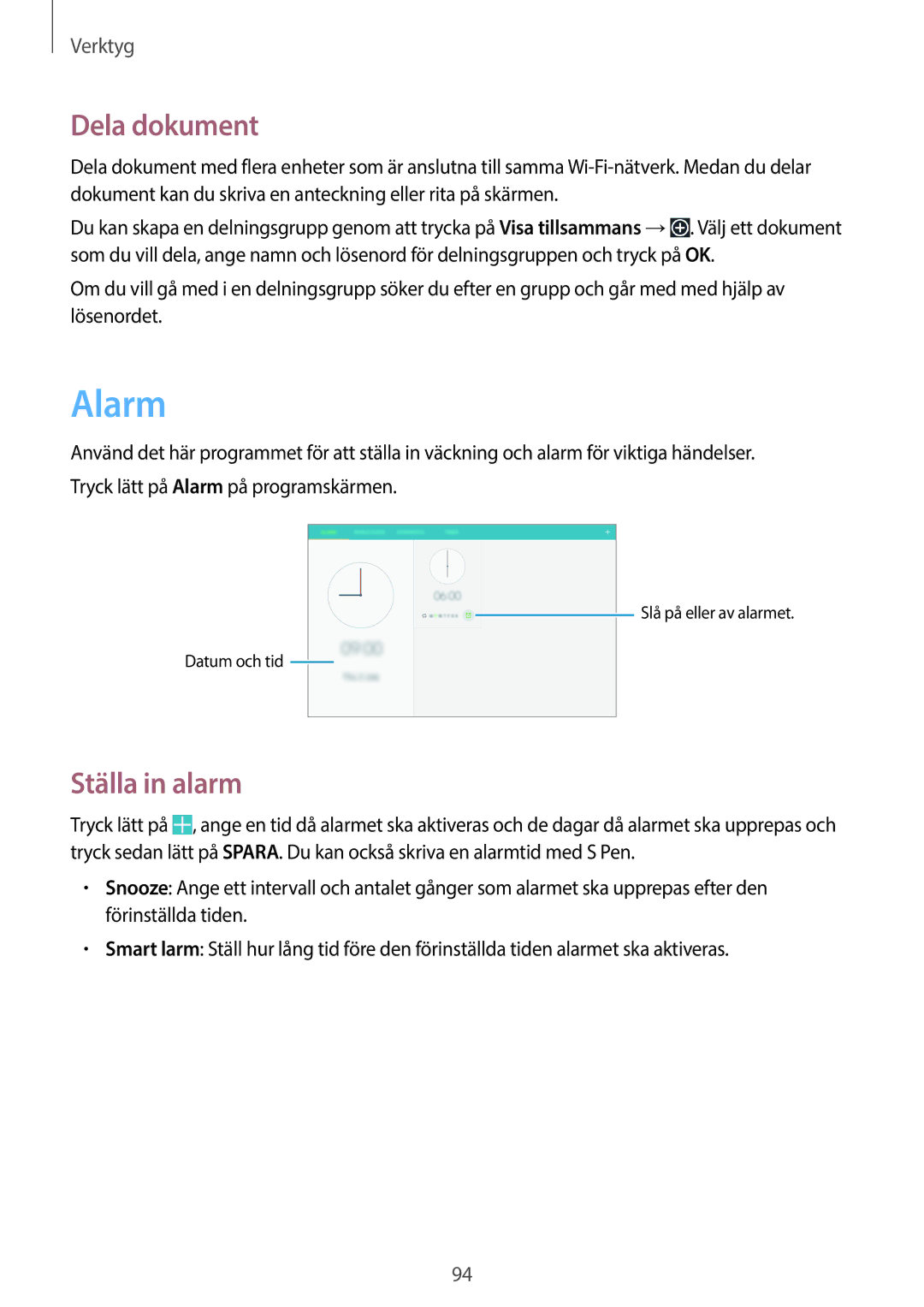 Samsung SM-P6000ZWENEE, SM-P6000ZKANEE, SM-P6000ZKENEE, SM-P6000ZWANEE manual Alarm, Dela dokument, Ställa in alarm 