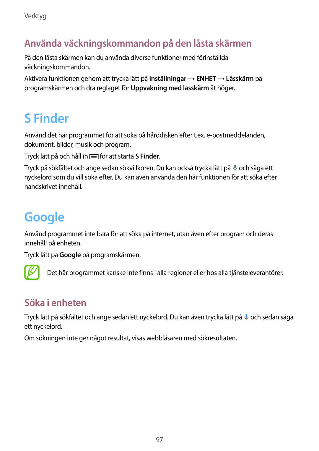 Samsung SM-P6000ZKENEE, SM-P6000ZKANEE Finder, Google, Använda väckningskommandon på den låsta skärmen, Söka i enheten 