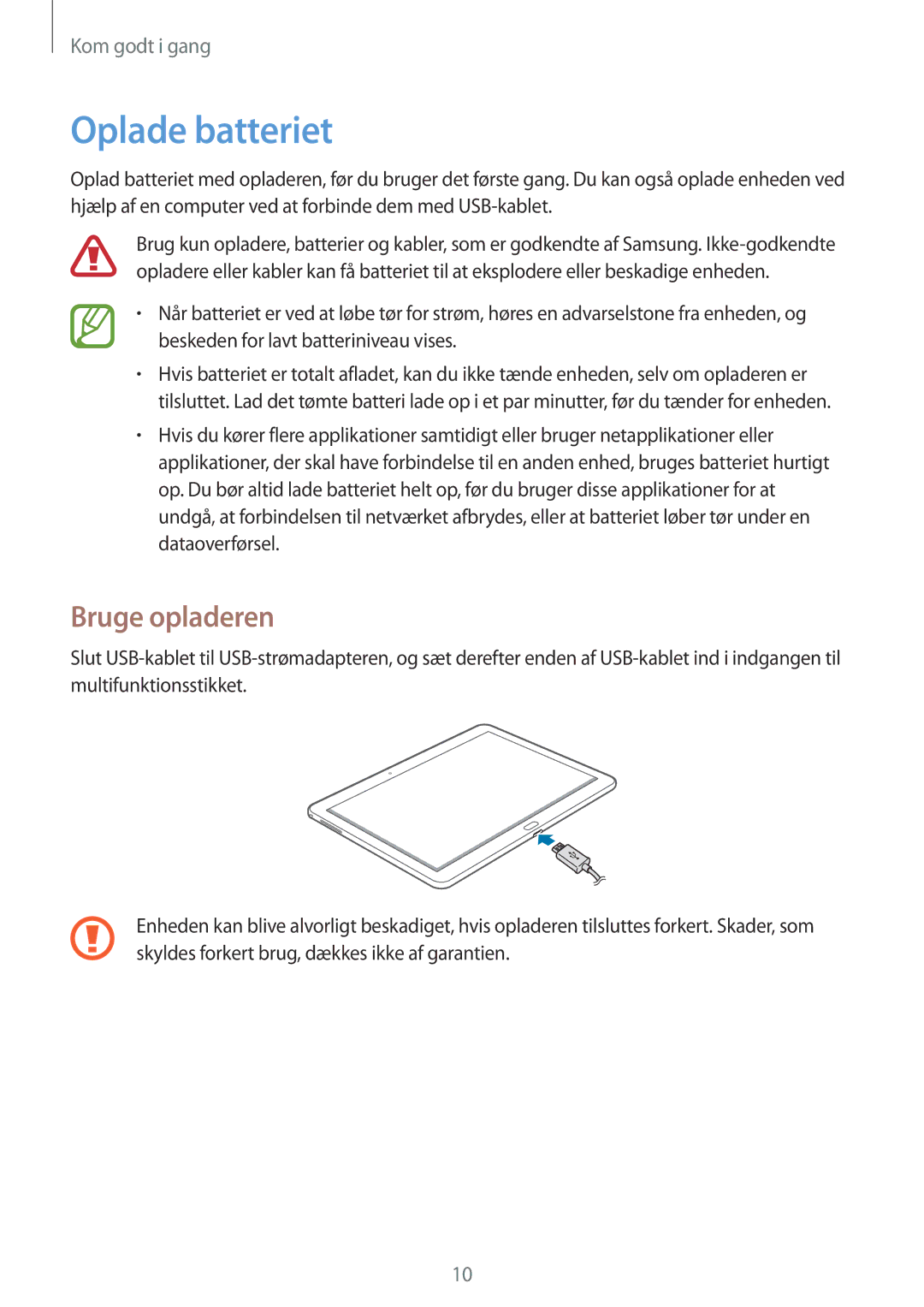 Samsung SM-P6000ZWENEE, SM-P6000ZKANEE, SM-P6000ZKENEE, SM-P6000ZWANEE manual Oplade batteriet, Bruge opladeren 