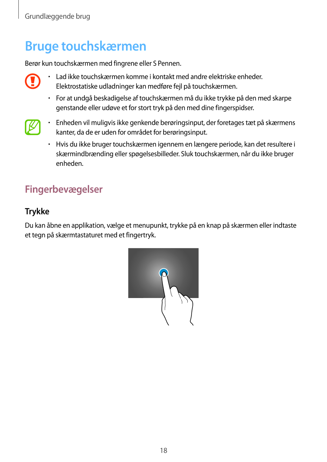 Samsung SM-P6000ZWENEE, SM-P6000ZKANEE, SM-P6000ZKENEE, SM-P6000ZWANEE manual Bruge touchskærmen, Fingerbevægelser, Trykke 