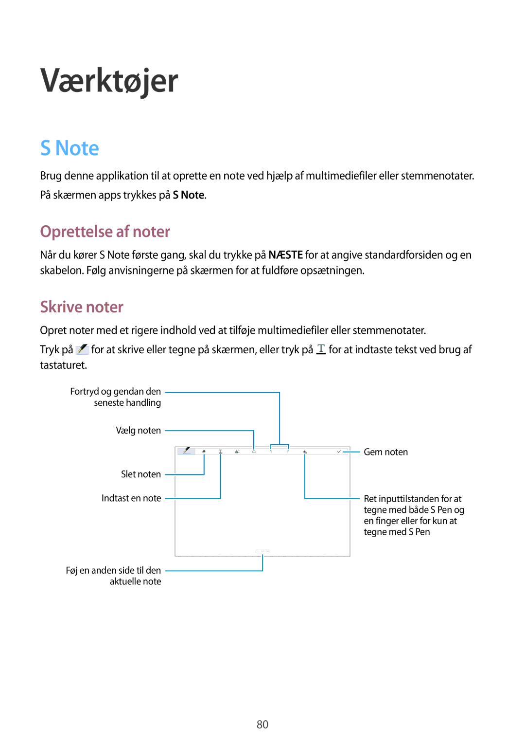 Samsung SM-P6000ZKANEE, SM-P6000ZKENEE, SM-P6000ZWENEE, SM-P6000ZWANEE manual Værktøjer, Oprettelse af noter, Skrive noter 