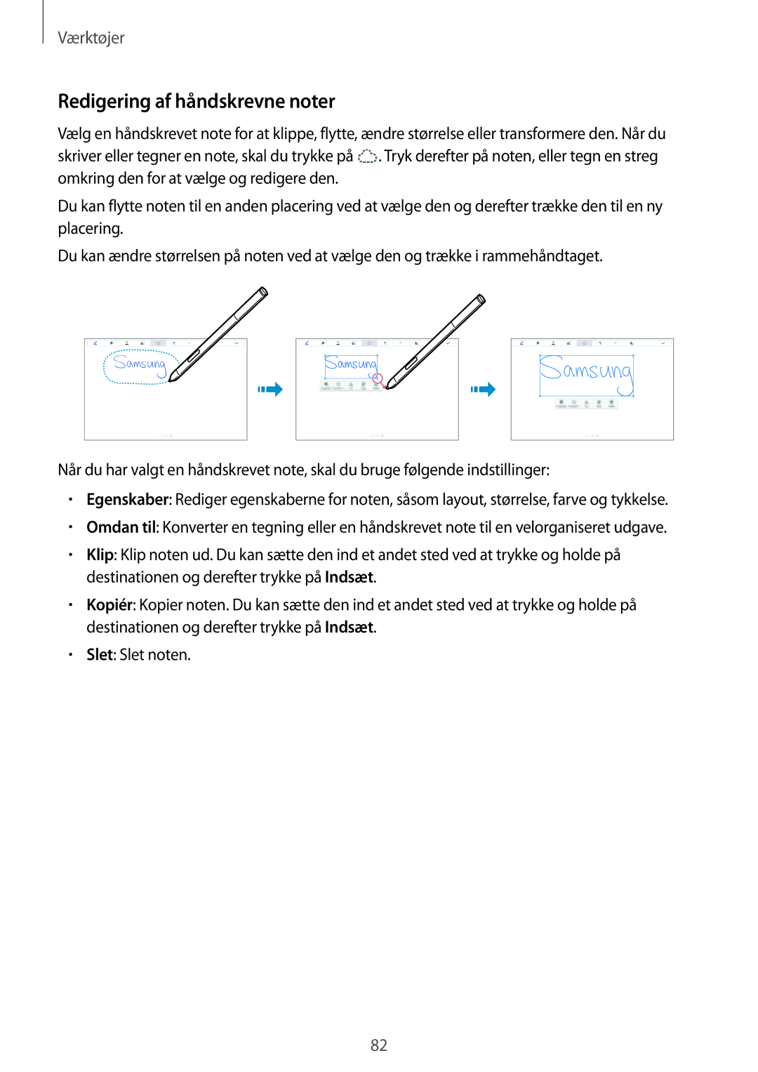 Samsung SM-P6000ZWENEE, SM-P6000ZKANEE, SM-P6000ZKENEE, SM-P6000ZWANEE manual Redigering af håndskrevne noter 