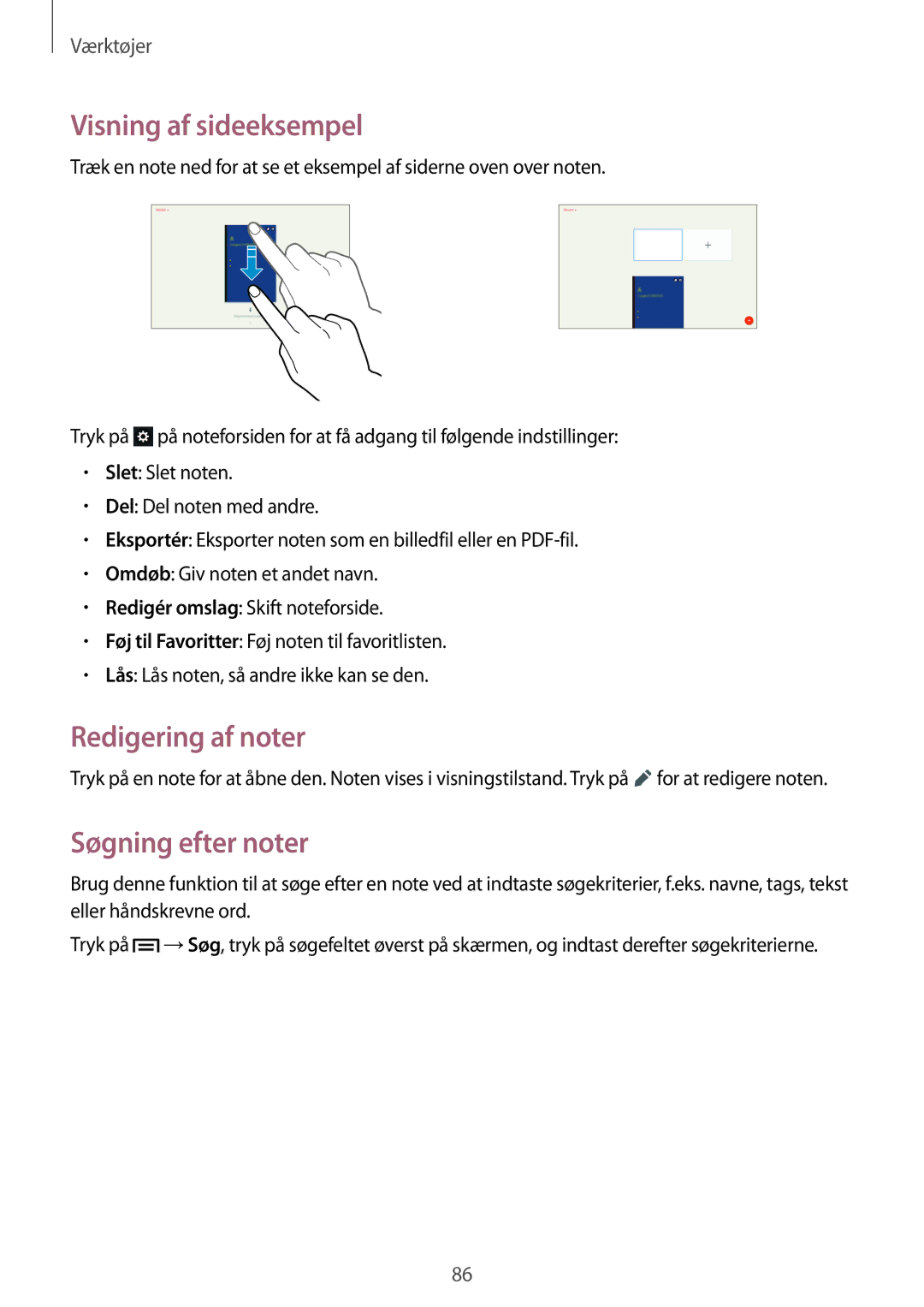 Samsung SM-P6000ZWENEE, SM-P6000ZKANEE, SM-P6000ZKENEE Visning af sideeksempel, Redigering af noter, Søgning efter noter 