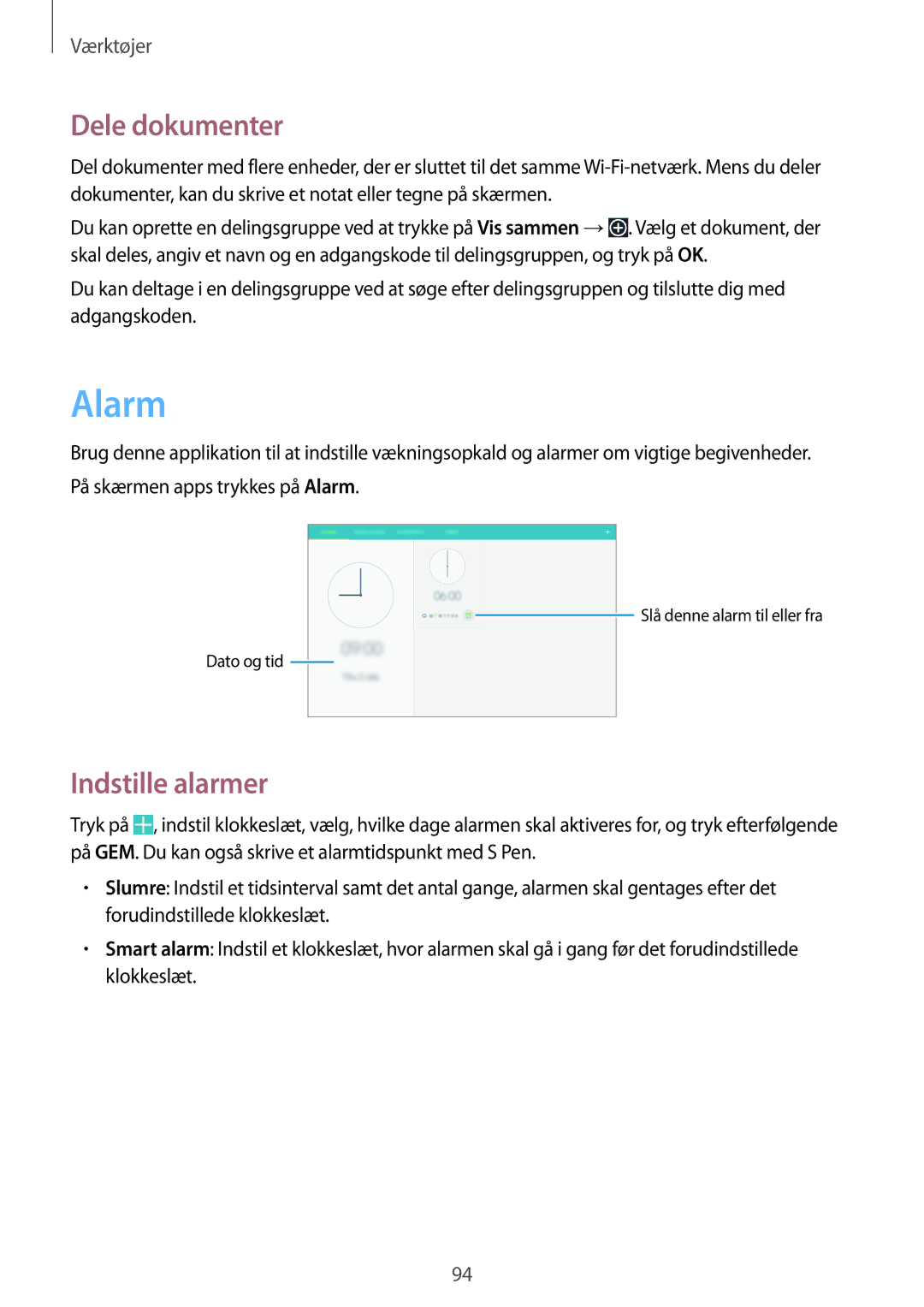 Samsung SM-P6000ZWENEE, SM-P6000ZKANEE, SM-P6000ZKENEE, SM-P6000ZWANEE manual Alarm, Dele dokumenter, Indstille alarmer 