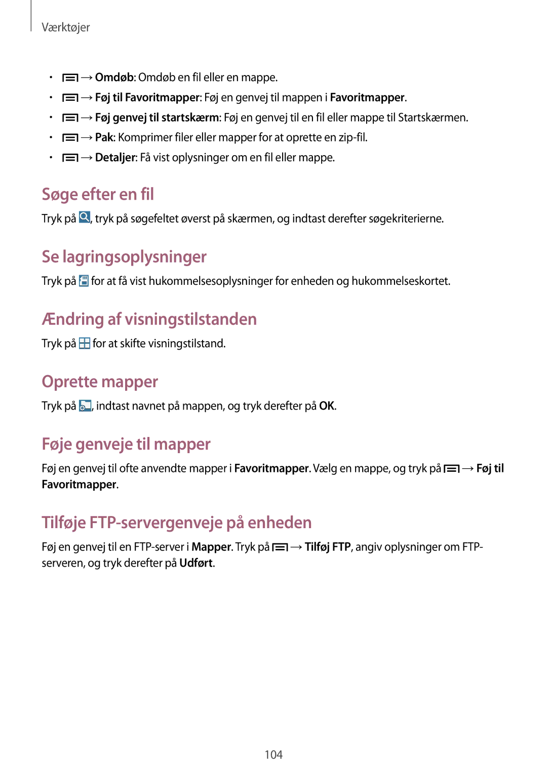 Samsung SM-P6000ZKANEE manual Søge efter en fil, Se lagringsoplysninger, Ændring af visningstilstanden, Oprette mapper 