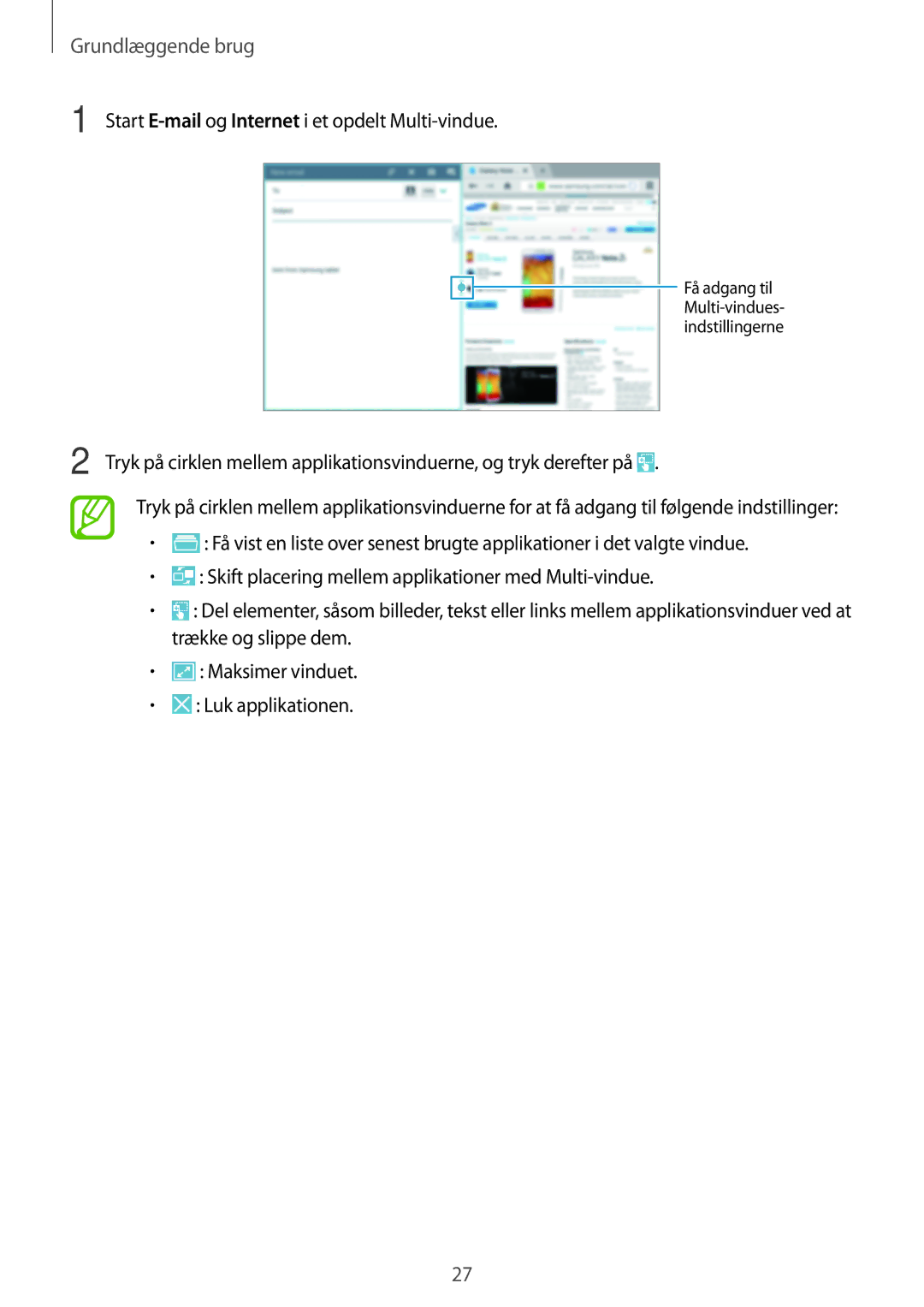 Samsung SM-P6000ZWANEE, SM-P6000ZKANEE, SM-P6000ZKENEE, SM-P6000ZWENEE manual Start E-mailog Internet i et opdelt Multi-vindue 