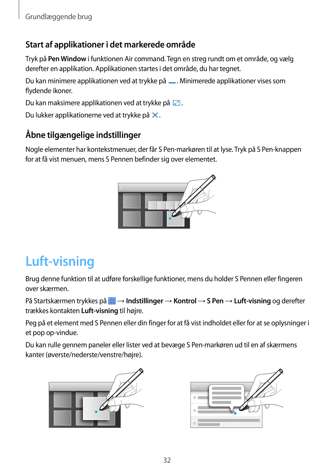 Samsung SM-P6000ZKANEE manual Luft-visning, Start af applikationer i det markerede område, Åbne tilgængelige indstillinger 