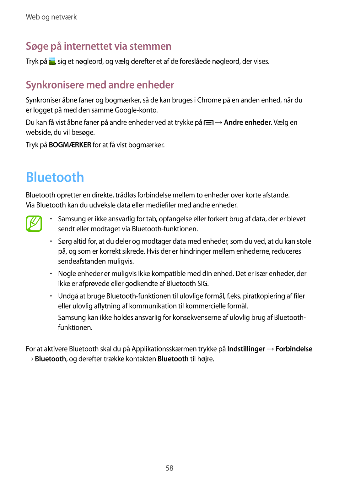 Samsung SM-P6000ZWENEE, SM-P6000ZKANEE, SM-P6000ZKENEE, SM-P6000ZWANEE manual Bluetooth, Synkronisere med andre enheder 