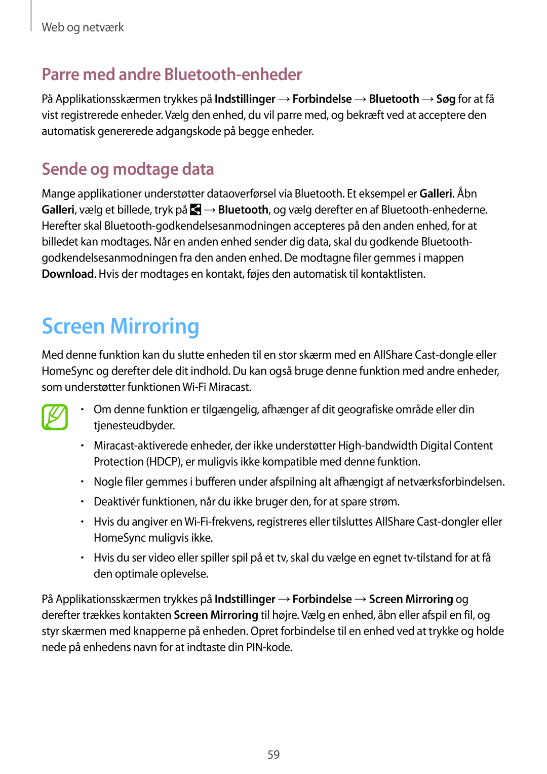 Samsung SM-P6000ZWANEE, SM-P6000ZKANEE manual Screen Mirroring, Parre med andre Bluetooth-enheder, Sende og modtage data 