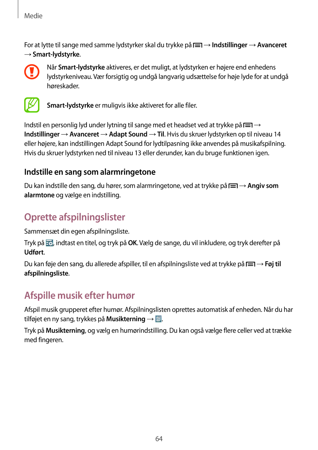 Samsung SM-P6000ZKANEE manual Oprette afspilningslister, Afspille musik efter humør, Indstille en sang som alarmringetone 