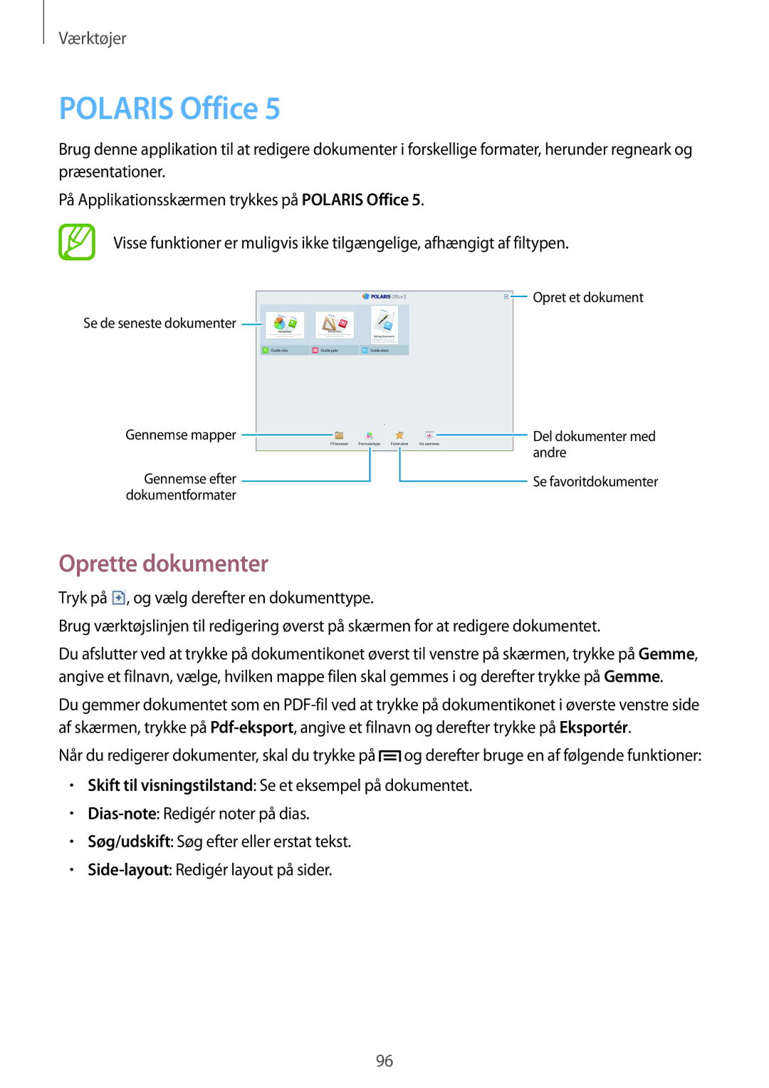 Samsung SM-P6000ZKANEE, SM-P6000ZKENEE, SM-P6000ZWENEE, SM-P6000ZWANEE manual Polaris Office, Oprette dokumenter 