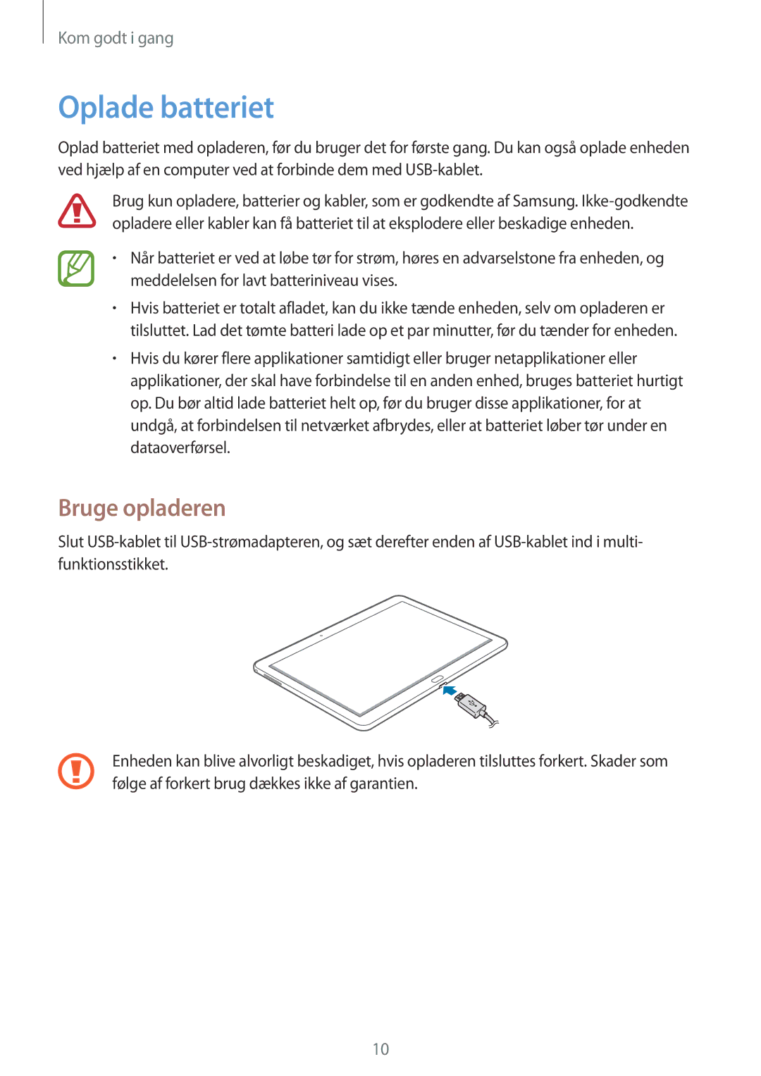 Samsung SM-P6000ZWENEE, SM-P6000ZKANEE, SM-P6000ZKENEE, SM-P6000ZWANEE manual Oplade batteriet, Bruge opladeren 