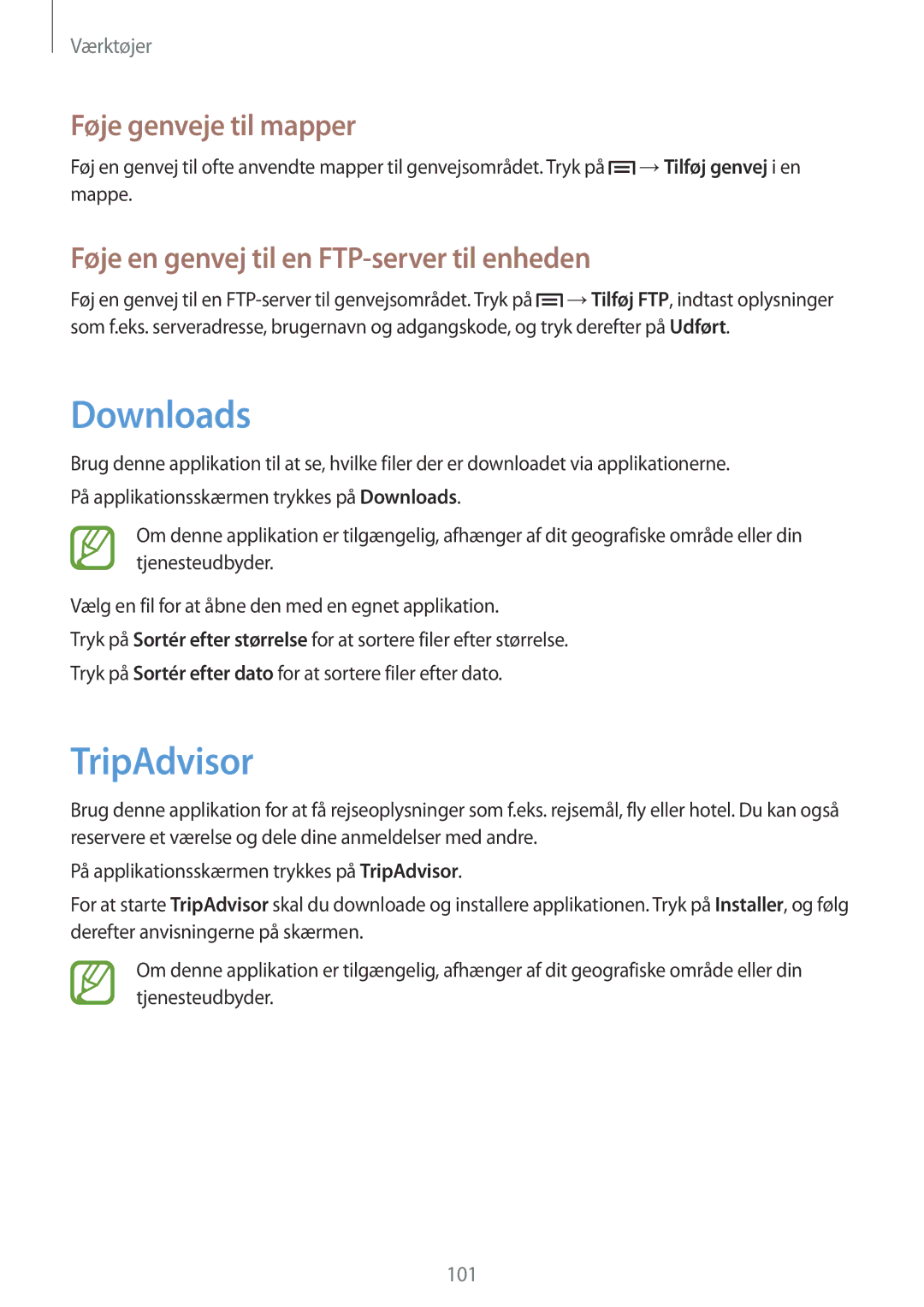 Samsung SM-P6000ZKENEE manual Downloads, TripAdvisor, Føje genveje til mapper, Føje en genvej til en FTP-server til enheden 