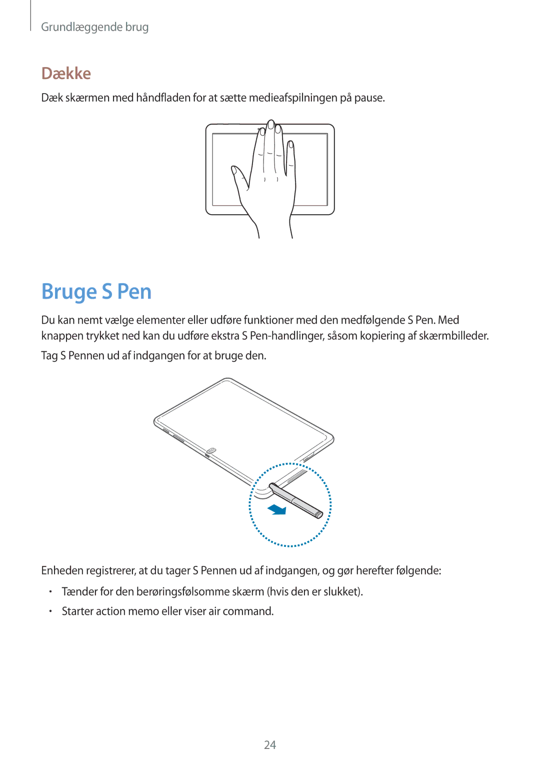 Samsung SM-P6000ZKANEE, SM-P6000ZKENEE, SM-P6000ZWENEE, SM-P6000ZWANEE manual Bruge S Pen, Dække 
