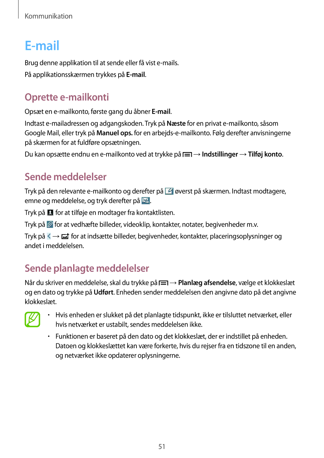 Samsung SM-P6000ZWANEE, SM-P6000ZKANEE manual Mail, Oprette e-mailkonti, Sende meddelelser, Sende planlagte meddelelser 