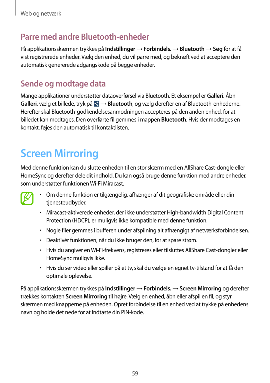 Samsung SM-P6000ZWANEE, SM-P6000ZKANEE manual Screen Mirroring, Parre med andre Bluetooth-enheder, Sende og modtage data 