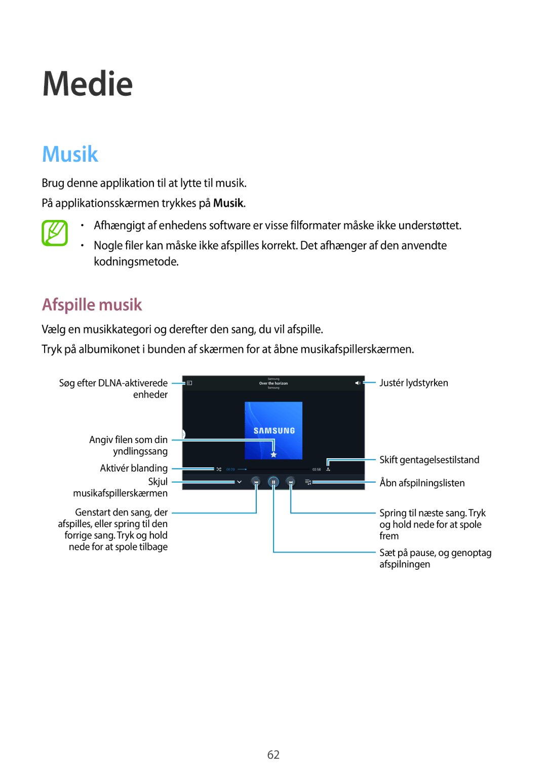 Samsung SM-P6000ZWENEE, SM-P6000ZKANEE, SM-P6000ZKENEE, SM-P6000ZWANEE manual Medie, Musik, Afspille musik 
