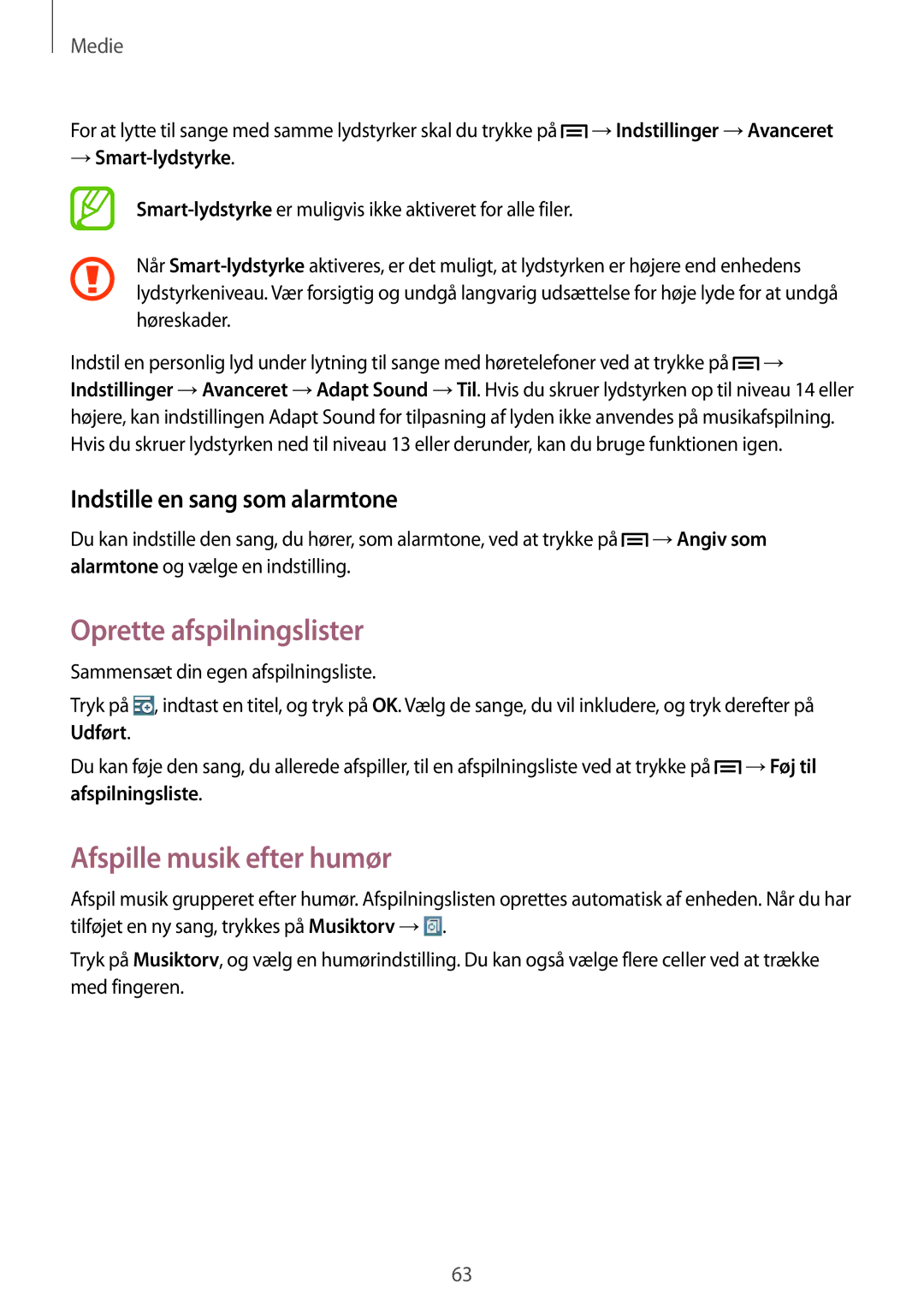 Samsung SM-P6000ZWANEE manual Oprette afspilningslister, Afspille musik efter humør, Indstille en sang som alarmtone 