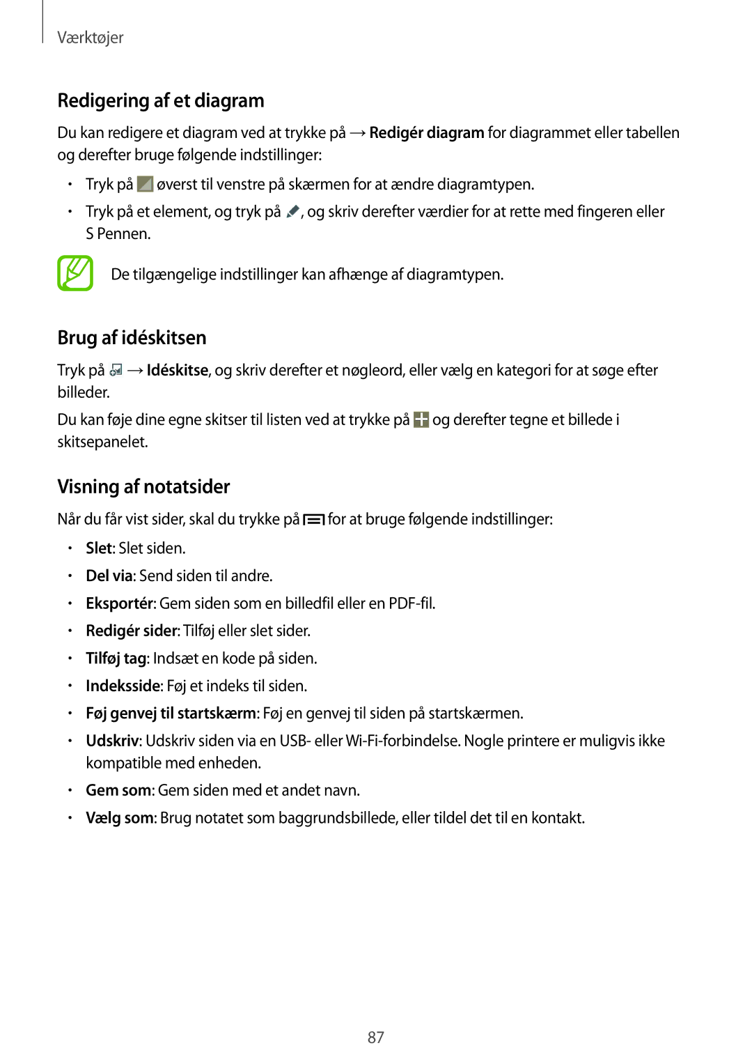 Samsung SM-P6000ZWANEE, SM-P6000ZKANEE, SM-P6000ZKENEE Redigering af et diagram, Brug af idéskitsen, Visning af notatsider 