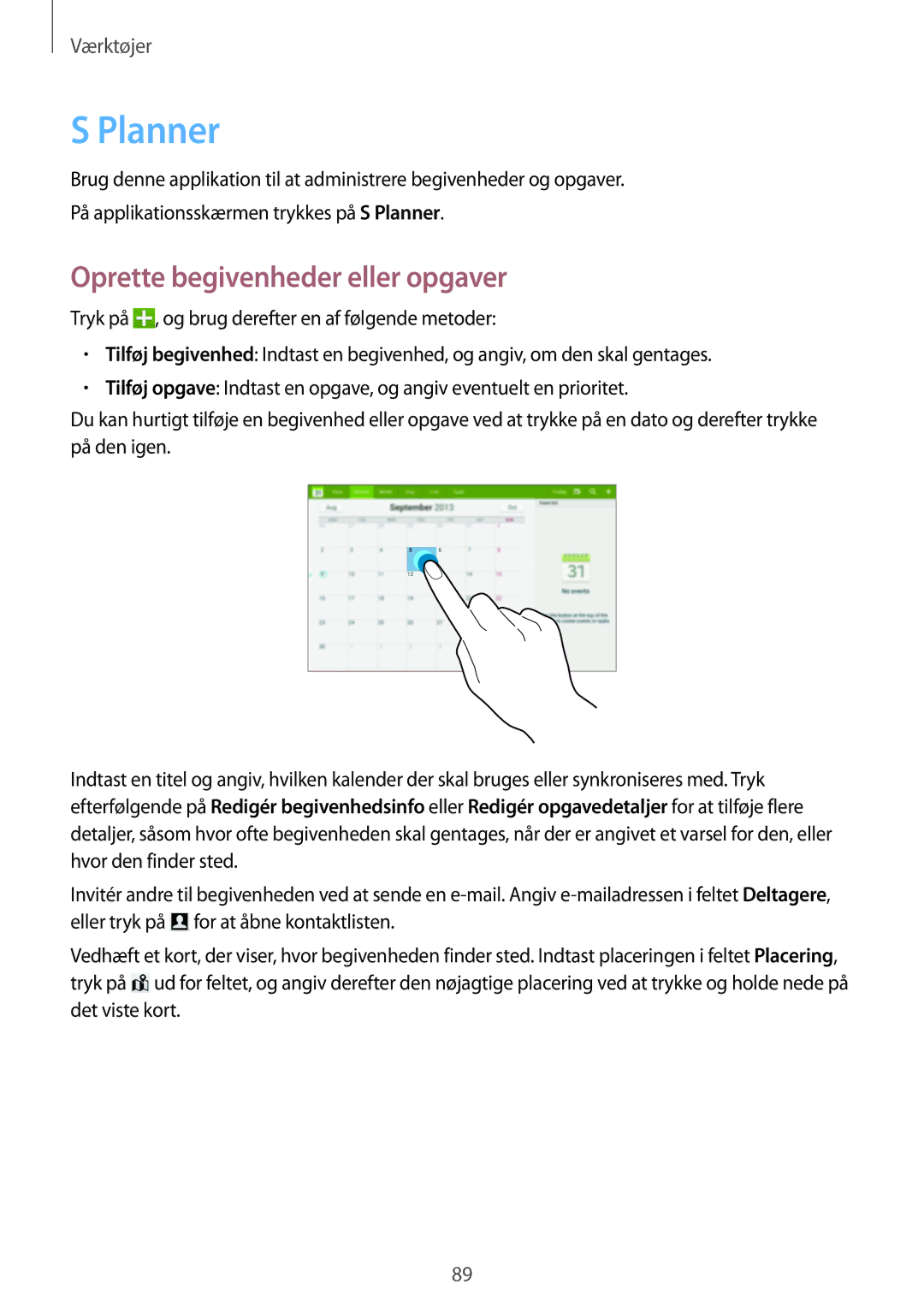 Samsung SM-P6000ZKENEE, SM-P6000ZKANEE, SM-P6000ZWENEE, SM-P6000ZWANEE manual Planner, Oprette begivenheder eller opgaver 