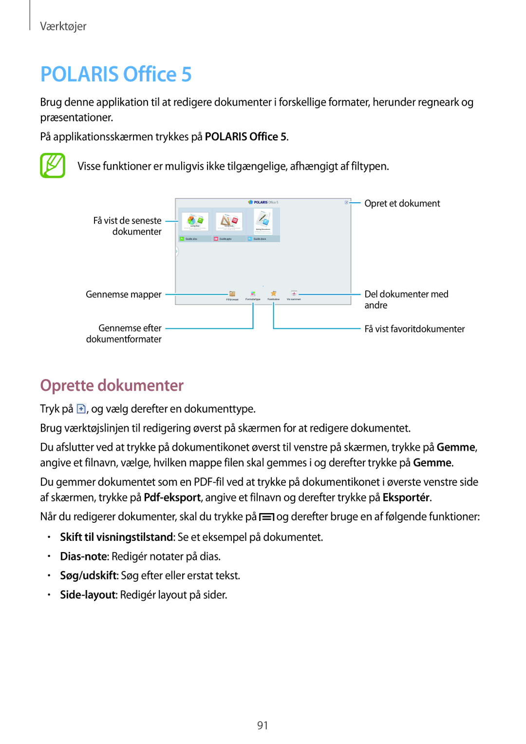 Samsung SM-P6000ZWANEE, SM-P6000ZKANEE, SM-P6000ZKENEE, SM-P6000ZWENEE manual Polaris Office, Oprette dokumenter 