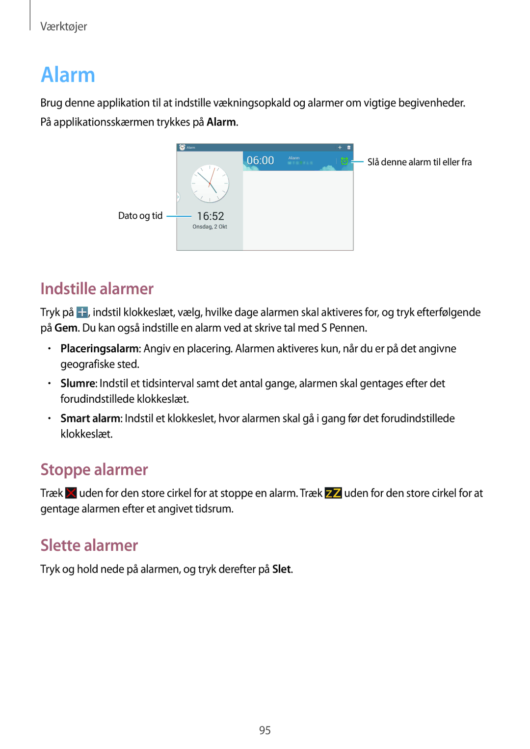 Samsung SM-P6000ZWANEE, SM-P6000ZKANEE, SM-P6000ZKENEE manual Alarm, Indstille alarmer, Stoppe alarmer, Slette alarmer 