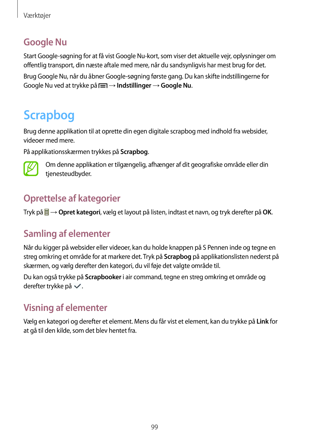Samsung SM-P6000ZWANEE manual Scrapbog, Google Nu, Oprettelse af kategorier, Samling af elementer, Visning af elementer 