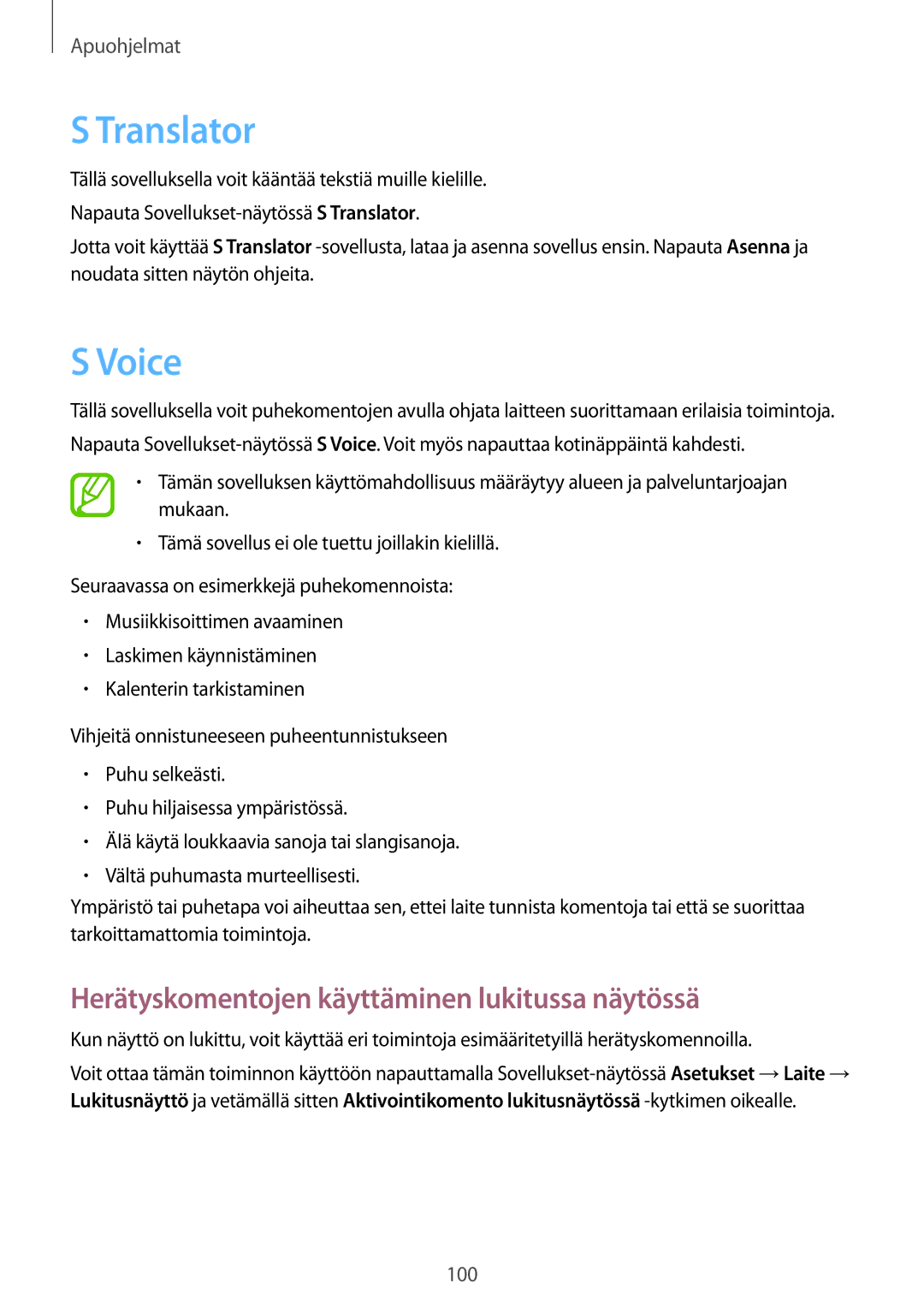 Samsung SM-P6000ZKANEE, SM-P6000ZKENEE, SM-P6000ZWENEE Translator, Voice, Herätyskomentojen käyttäminen lukitussa näytössä 