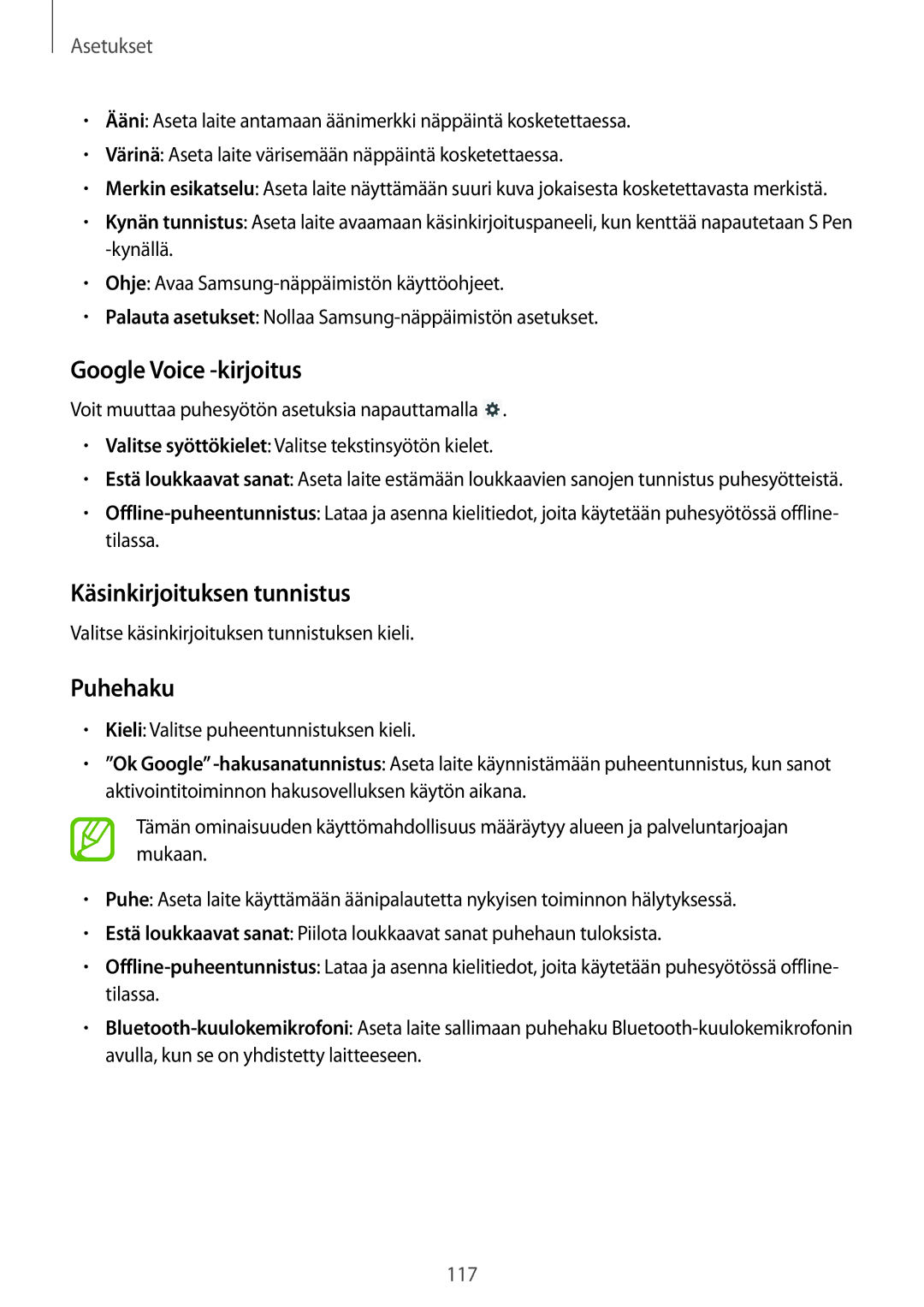 Samsung SM-P6000ZKENEE, SM-P6000ZKANEE, SM-P6000ZWENEE manual Google Voice -kirjoitus, Käsinkirjoituksen tunnistus, Puhehaku 