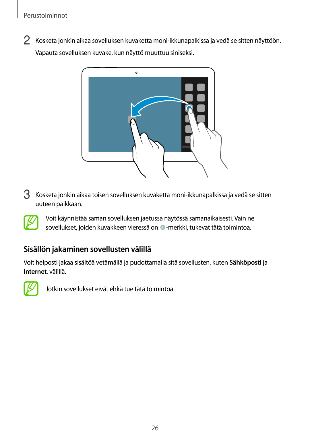 Samsung SM-P6000ZWENEE, SM-P6000ZKANEE, SM-P6000ZKENEE, SM-P6000ZWANEE manual Sisällön jakaminen sovellusten välillä 