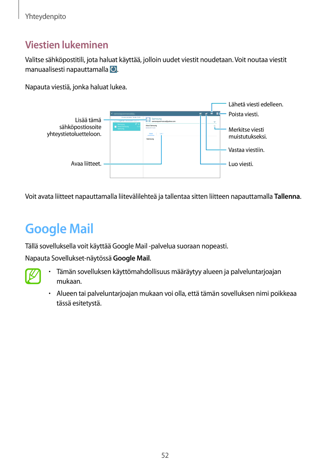 Samsung SM-P6000ZKANEE, SM-P6000ZKENEE, SM-P6000ZWENEE, SM-P6000ZWANEE manual Google Mail, Viestien lukeminen 