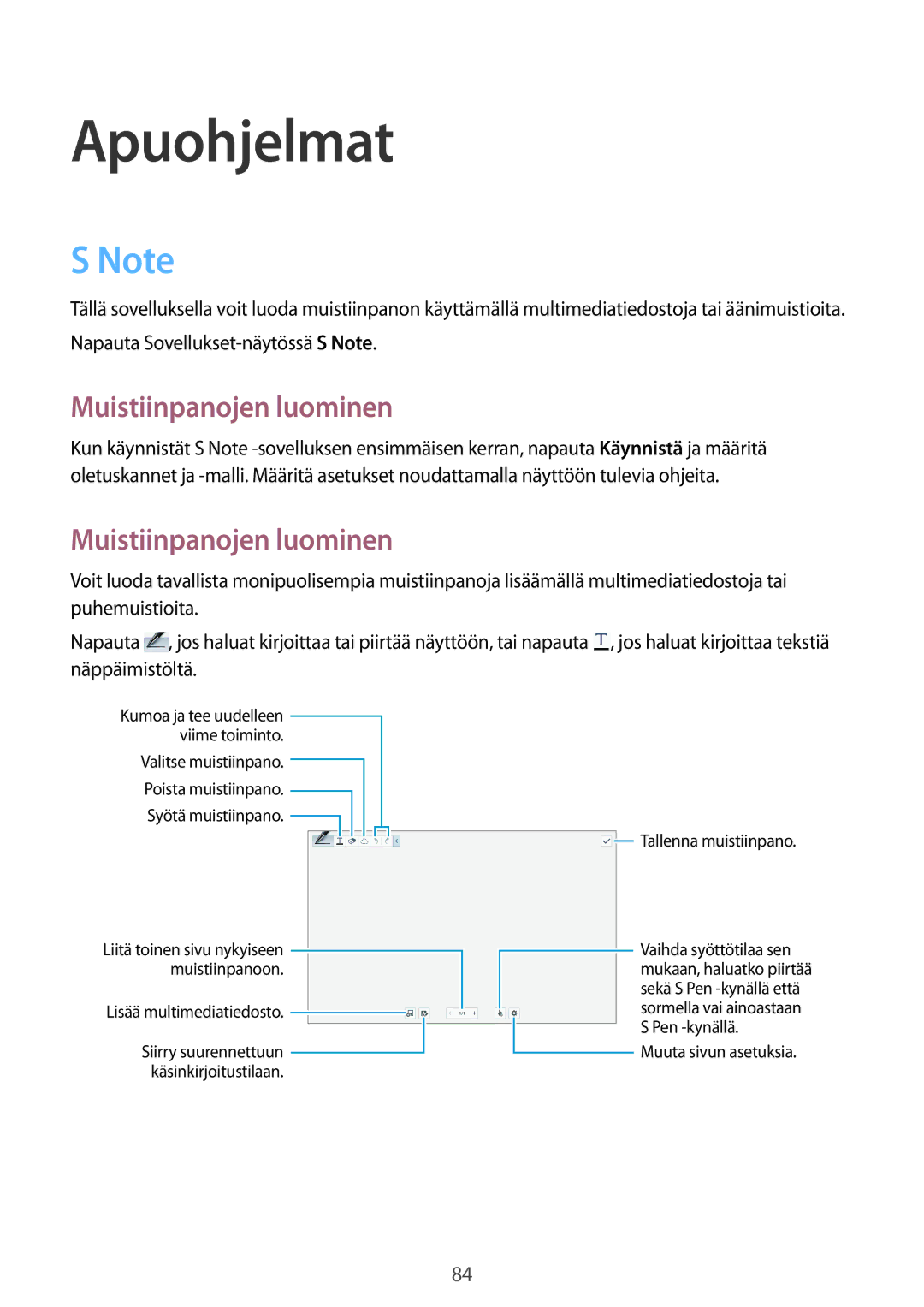 Samsung SM-P6000ZKANEE, SM-P6000ZKENEE, SM-P6000ZWENEE, SM-P6000ZWANEE manual Apuohjelmat, Muistiinpanojen luominen 