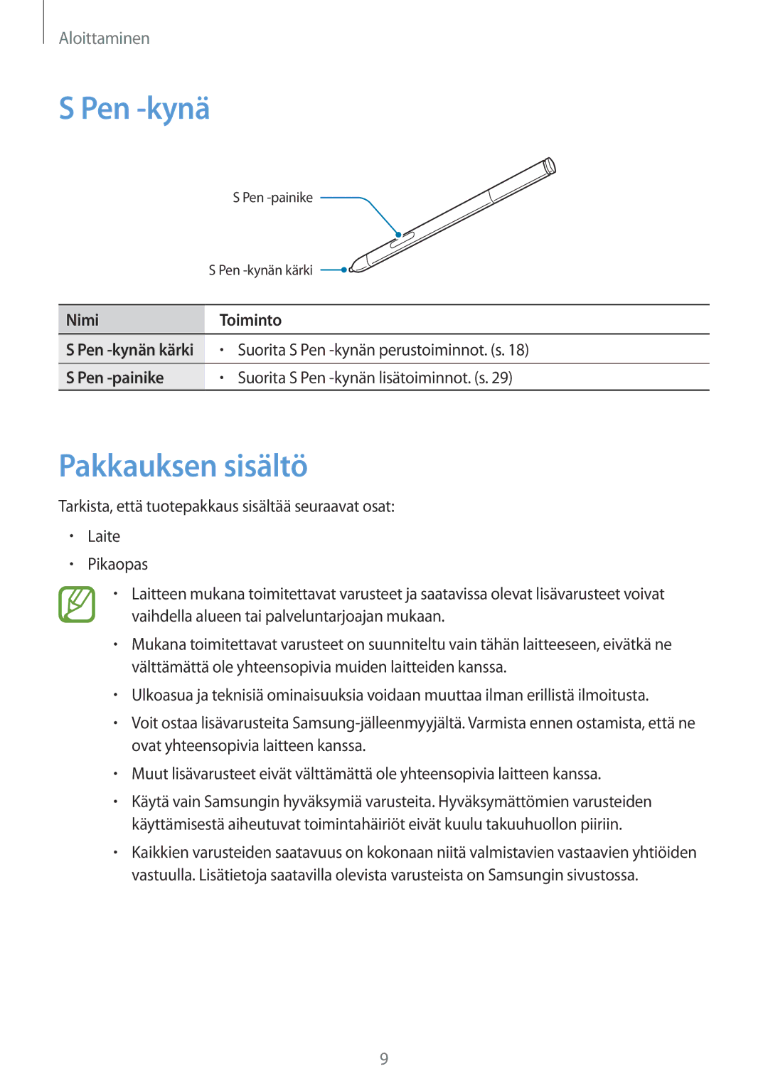 Samsung SM-P6000ZKENEE, SM-P6000ZKANEE, SM-P6000ZWENEE, SM-P6000ZWANEE manual Pen -kynä, Pakkauksen sisältö 