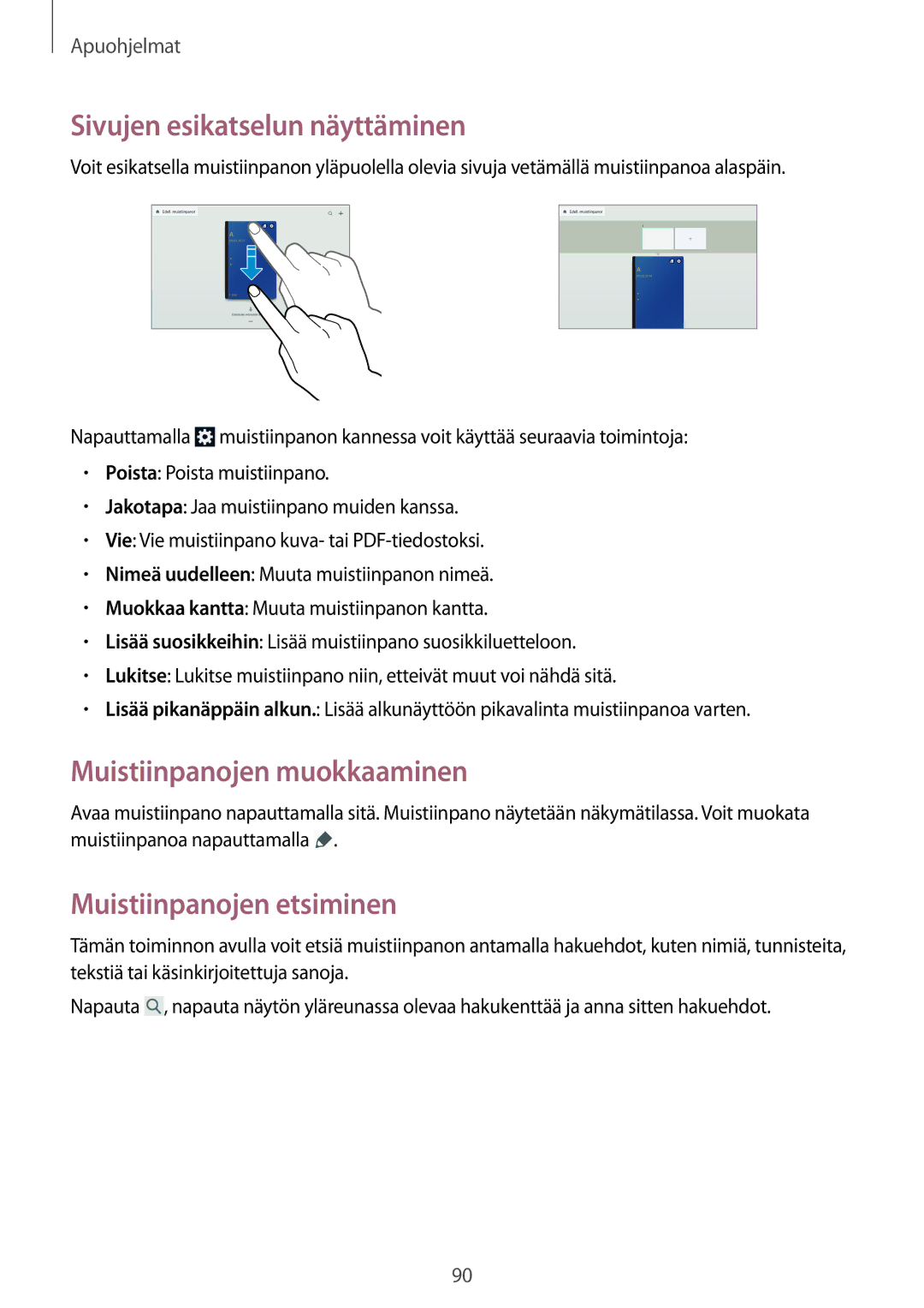 Samsung SM-P6000ZWENEE manual Sivujen esikatselun näyttäminen, Muistiinpanojen muokkaaminen, Muistiinpanojen etsiminen 