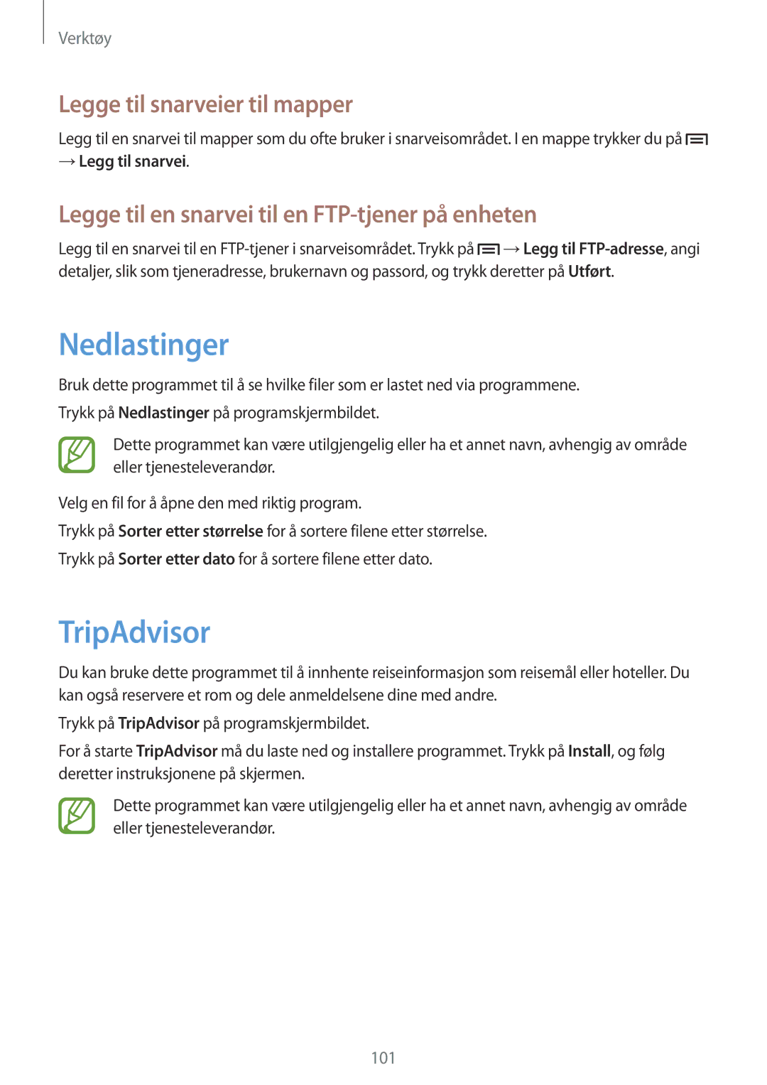 Samsung SM-P6000ZKENEE, SM-P6000ZKANEE, SM-P6000ZWENEE manual Nedlastinger, TripAdvisor, Legge til snarveier til mapper 