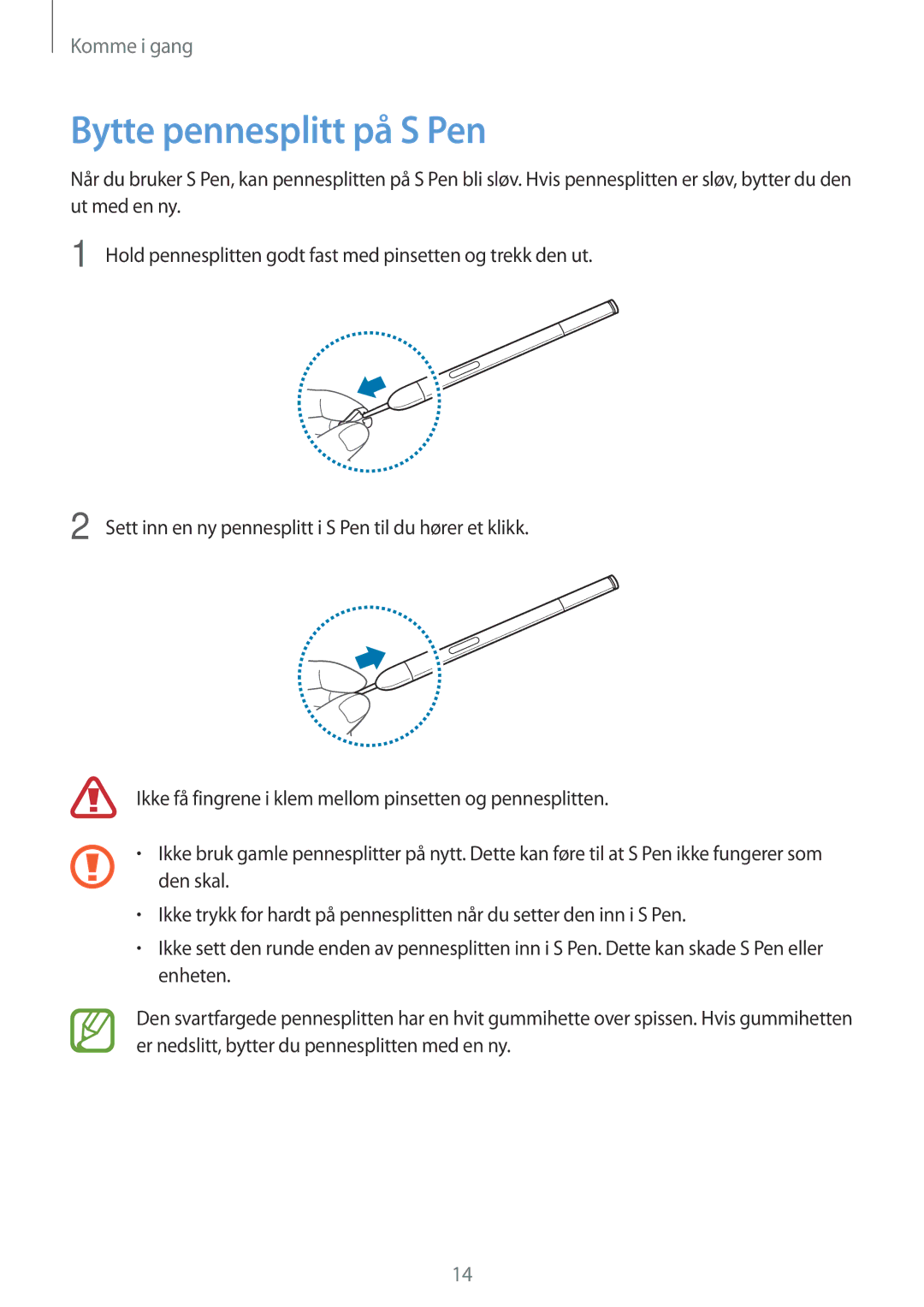 Samsung SM-P6000ZWENEE, SM-P6000ZKANEE, SM-P6000ZKENEE, SM-P6000ZWANEE manual Bytte pennesplitt på S Pen 