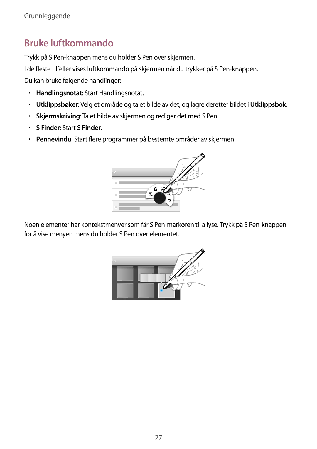 Samsung SM-P6000ZWANEE, SM-P6000ZKANEE, SM-P6000ZKENEE, SM-P6000ZWENEE manual Bruke luftkommando, Finder Start S Finder 