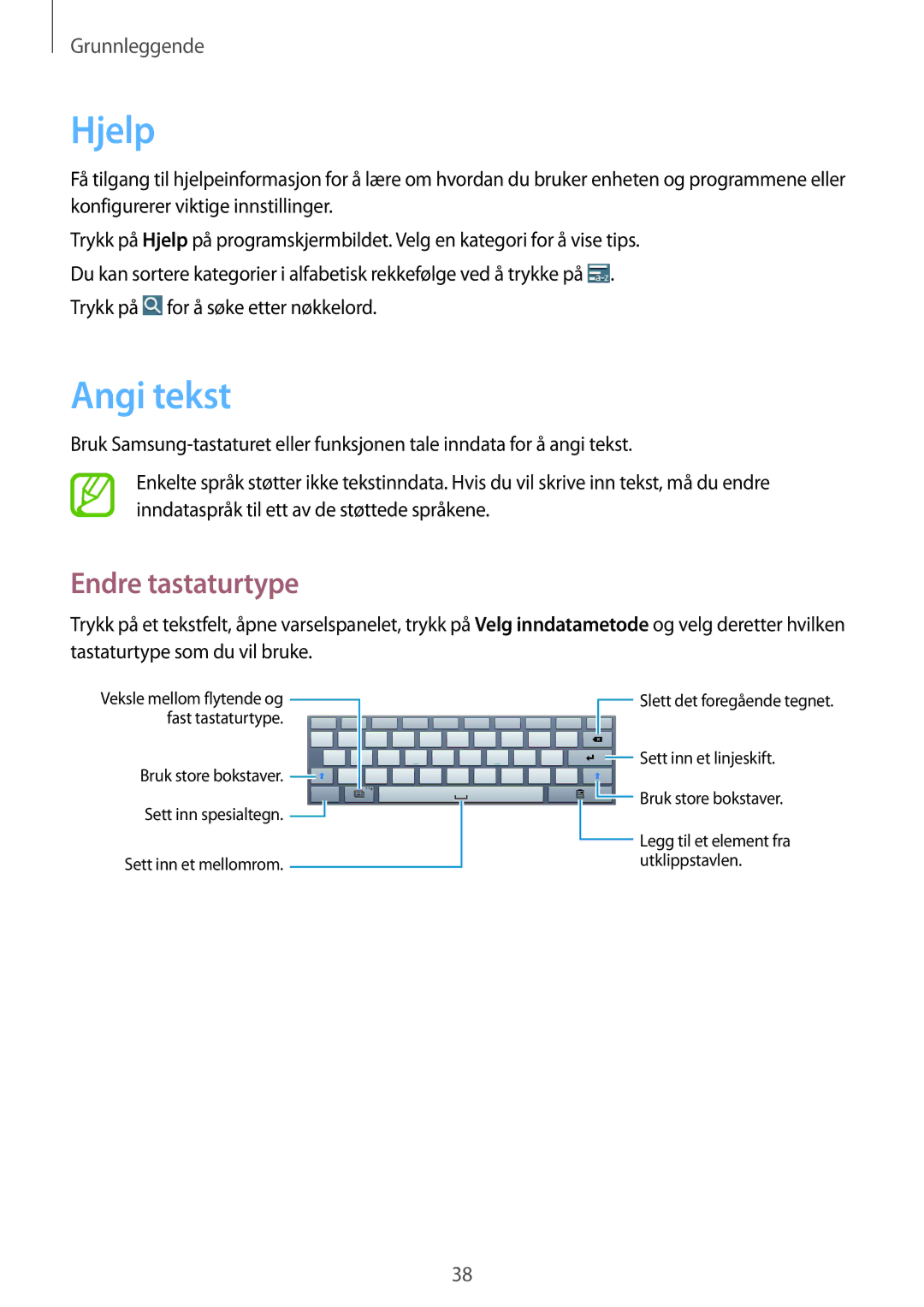 Samsung SM-P6000ZWENEE, SM-P6000ZKANEE, SM-P6000ZKENEE, SM-P6000ZWANEE manual Hjelp, Angi tekst, Endre tastaturtype 