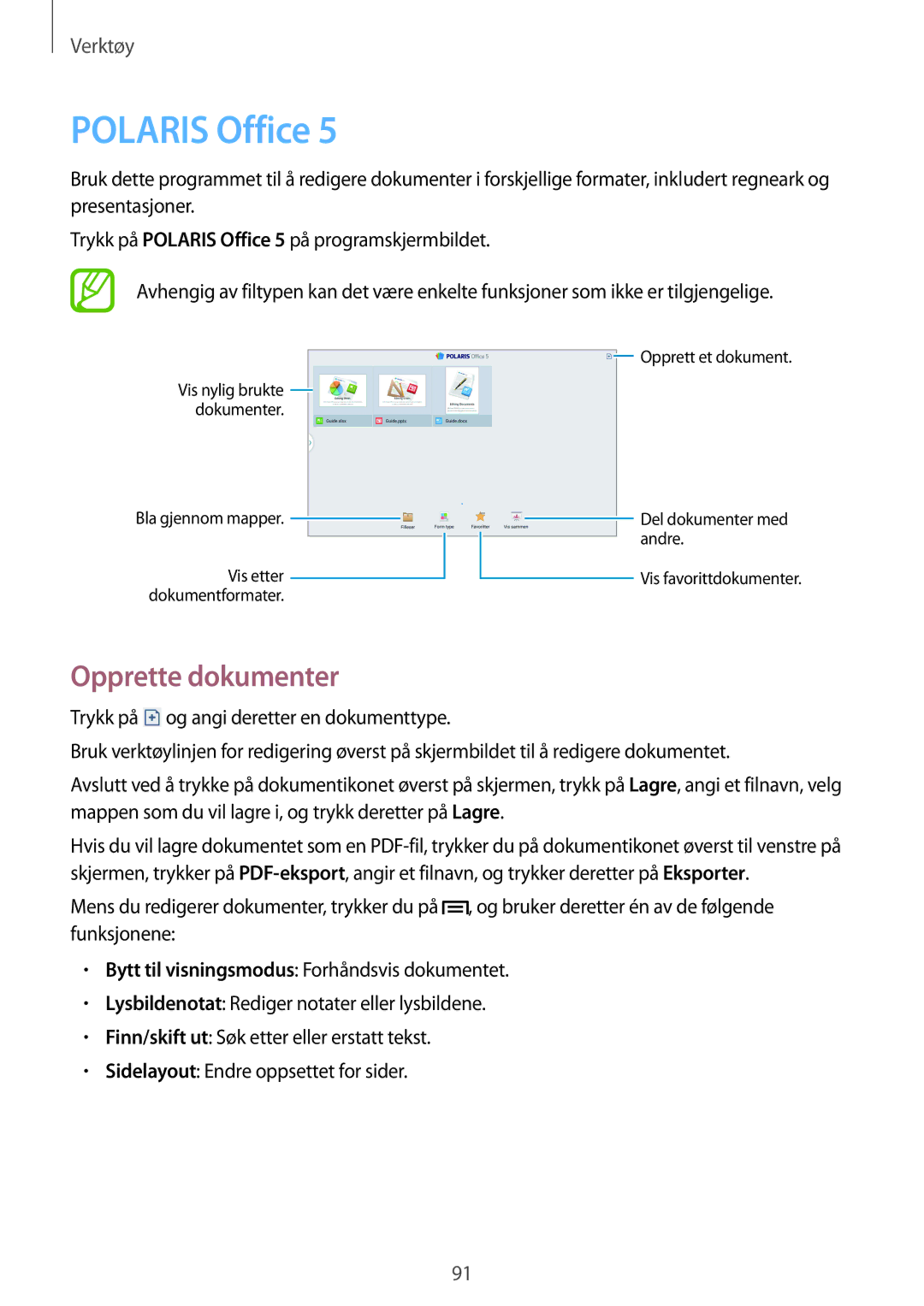 Samsung SM-P6000ZWANEE, SM-P6000ZKANEE, SM-P6000ZKENEE, SM-P6000ZWENEE manual Polaris Office, Opprette dokumenter 