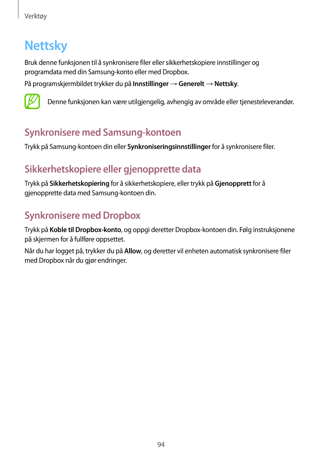 Samsung SM-P6000ZWENEE manual Nettsky, Synkronisere med Samsung-kontoen, Sikkerhetskopiere eller gjenopprette data 