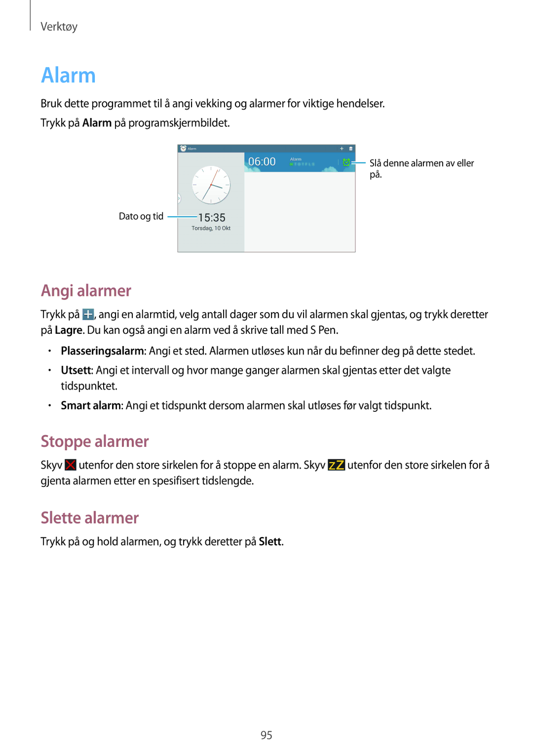 Samsung SM-P6000ZWANEE, SM-P6000ZKANEE, SM-P6000ZKENEE, SM-P6000ZWENEE Alarm, Angi alarmer, Stoppe alarmer, Slette alarmer 