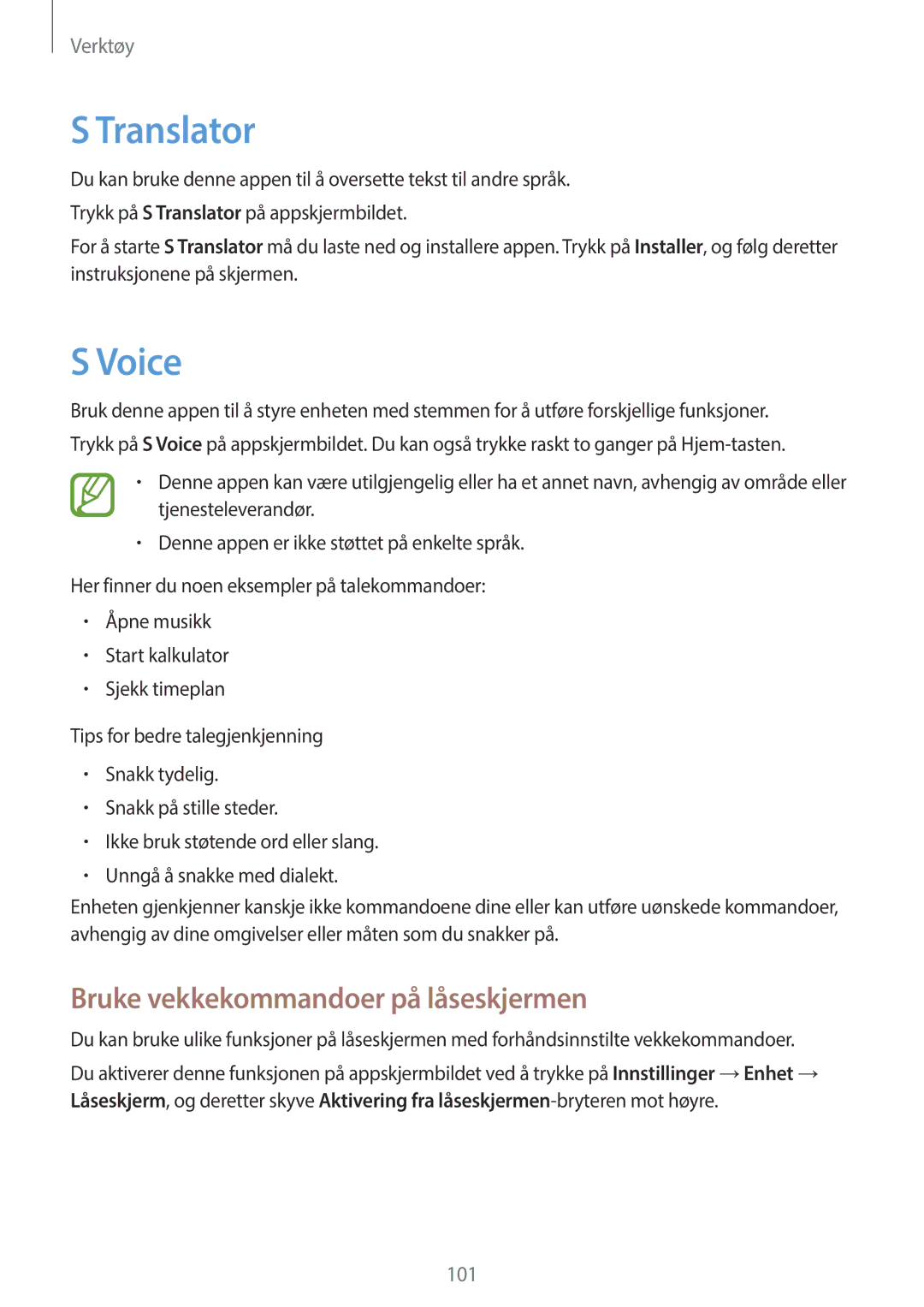 Samsung SM-P6000ZKENEE, SM-P6000ZKANEE, SM-P6000ZWENEE manual Translator, Voice, Bruke vekkekommandoer på låseskjermen 