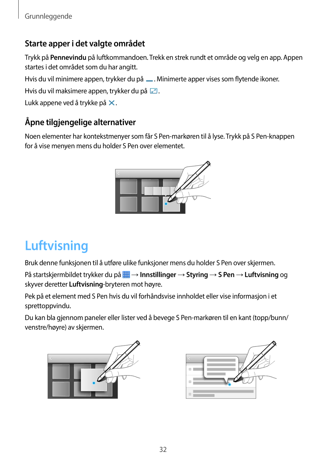 Samsung SM-P6000ZKANEE, SM-P6000ZKENEE Luftvisning, Starte apper i det valgte området, Åpne tilgjengelige alternativer 