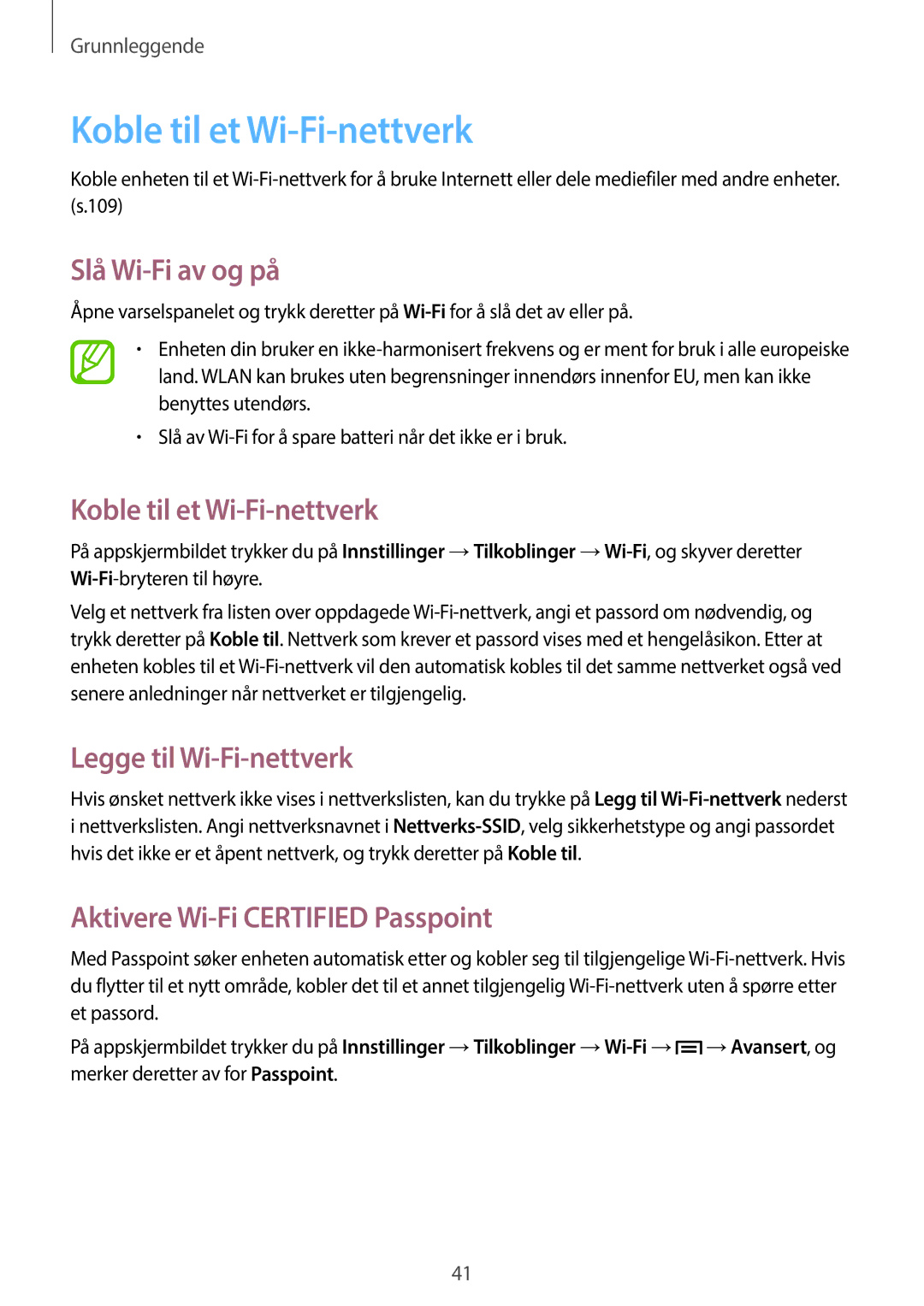 Samsung SM-P6000ZKENEE, SM-P6000ZKANEE manual Koble til et Wi-Fi-nettverk, Slå Wi-Fi av og på, Legge til Wi-Fi-nettverk 