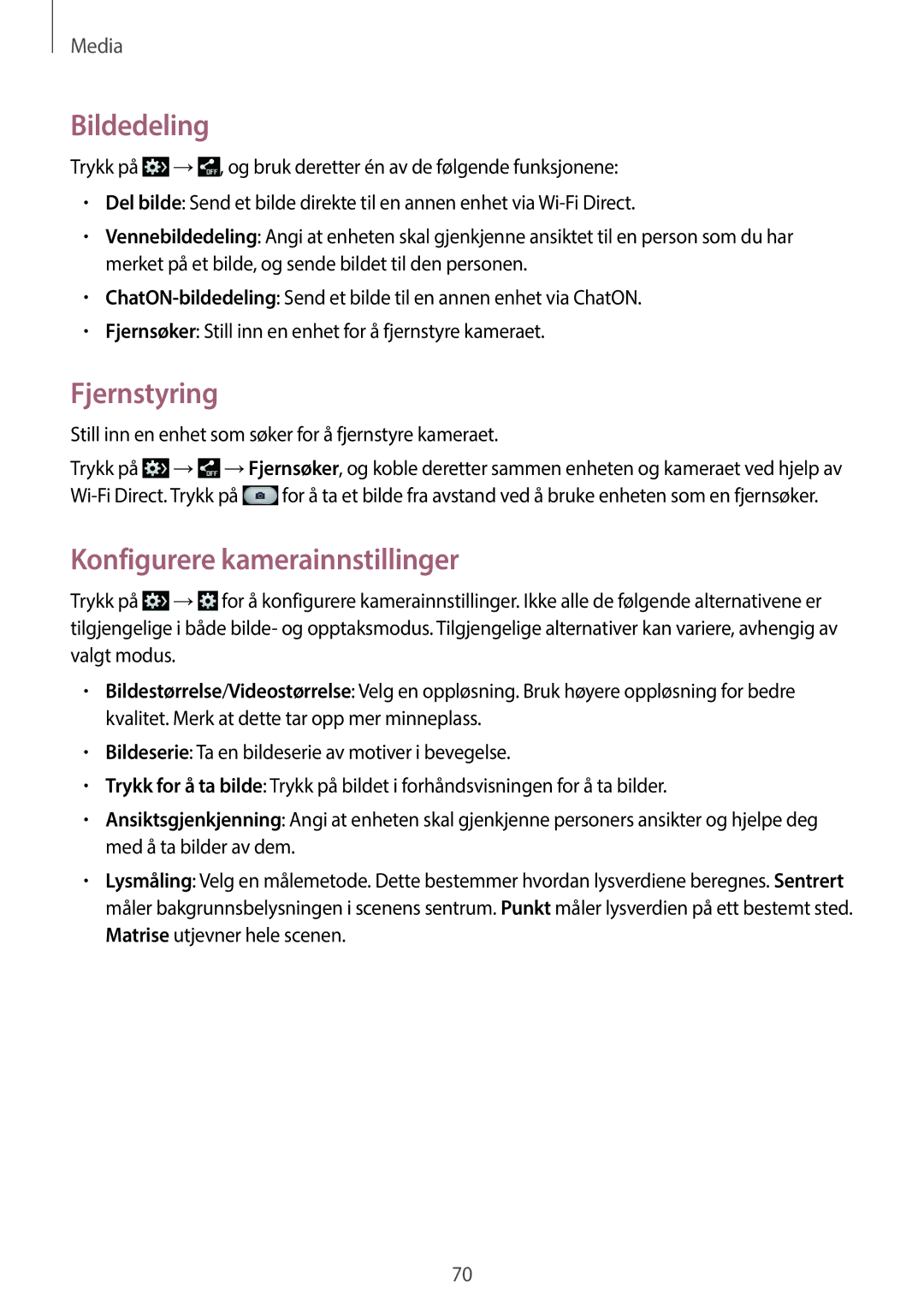 Samsung SM-P6000ZWENEE, SM-P6000ZKANEE, SM-P6000ZKENEE manual Bildedeling, Fjernstyring, Konfigurere kamerainnstillinger 