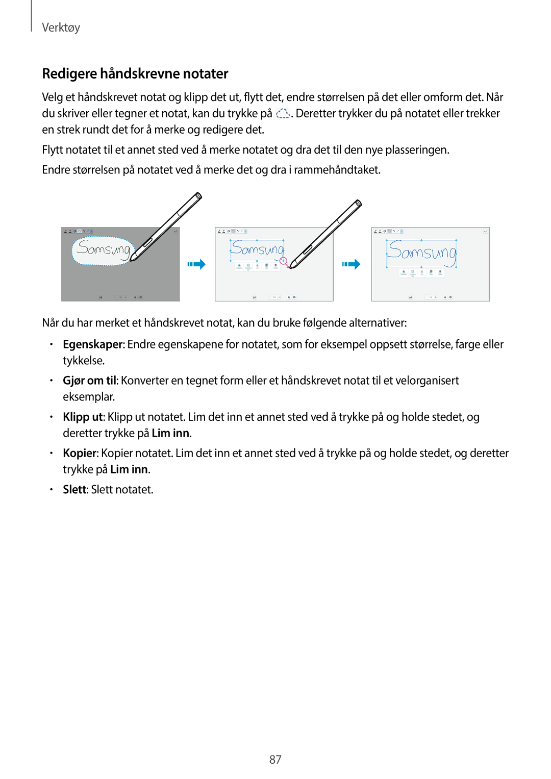 Samsung SM-P6000ZWANEE, SM-P6000ZKANEE, SM-P6000ZKENEE, SM-P6000ZWENEE manual Redigere håndskrevne notater 