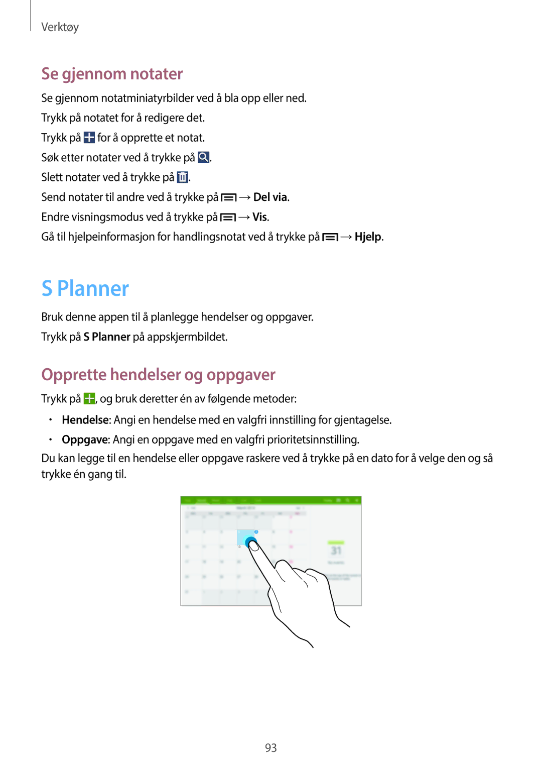 Samsung SM-P6000ZKENEE, SM-P6000ZKANEE, SM-P6000ZWENEE manual Planner, Se gjennom notater, Opprette hendelser og oppgaver 