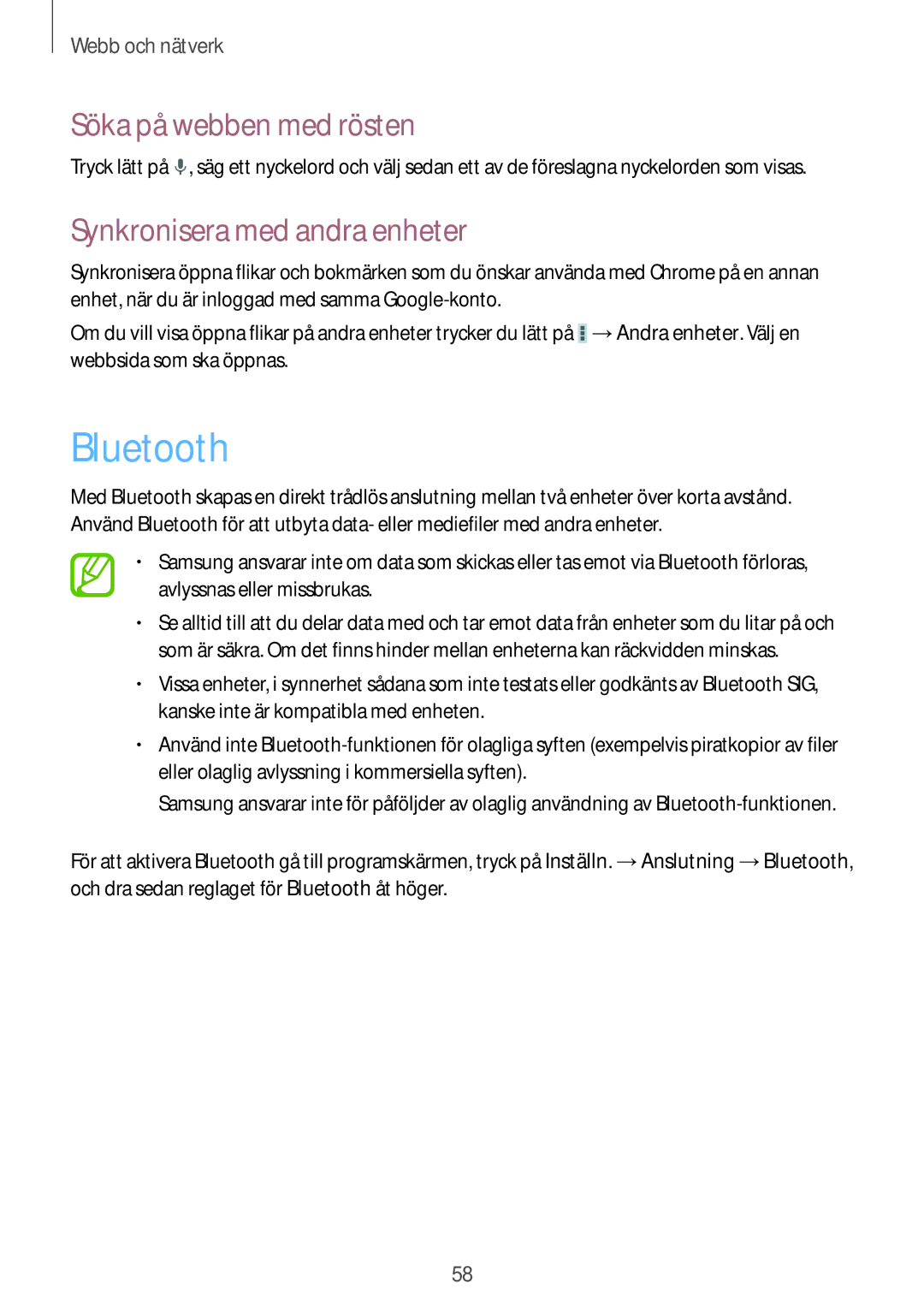 Samsung SM-P6000ZWENEE, SM-P6000ZKANEE, SM-P6000ZKENEE, SM-P6000ZWANEE manual Bluetooth, Synkronisera med andra enheter 