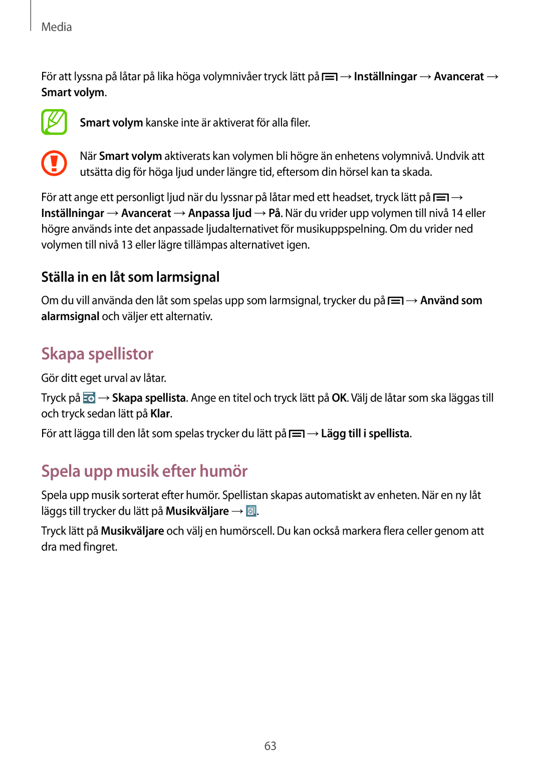 Samsung SM-P6000ZWANEE, SM-P6000ZKANEE manual Skapa spellistor, Spela upp musik efter humör, Ställa in en låt som larmsignal 