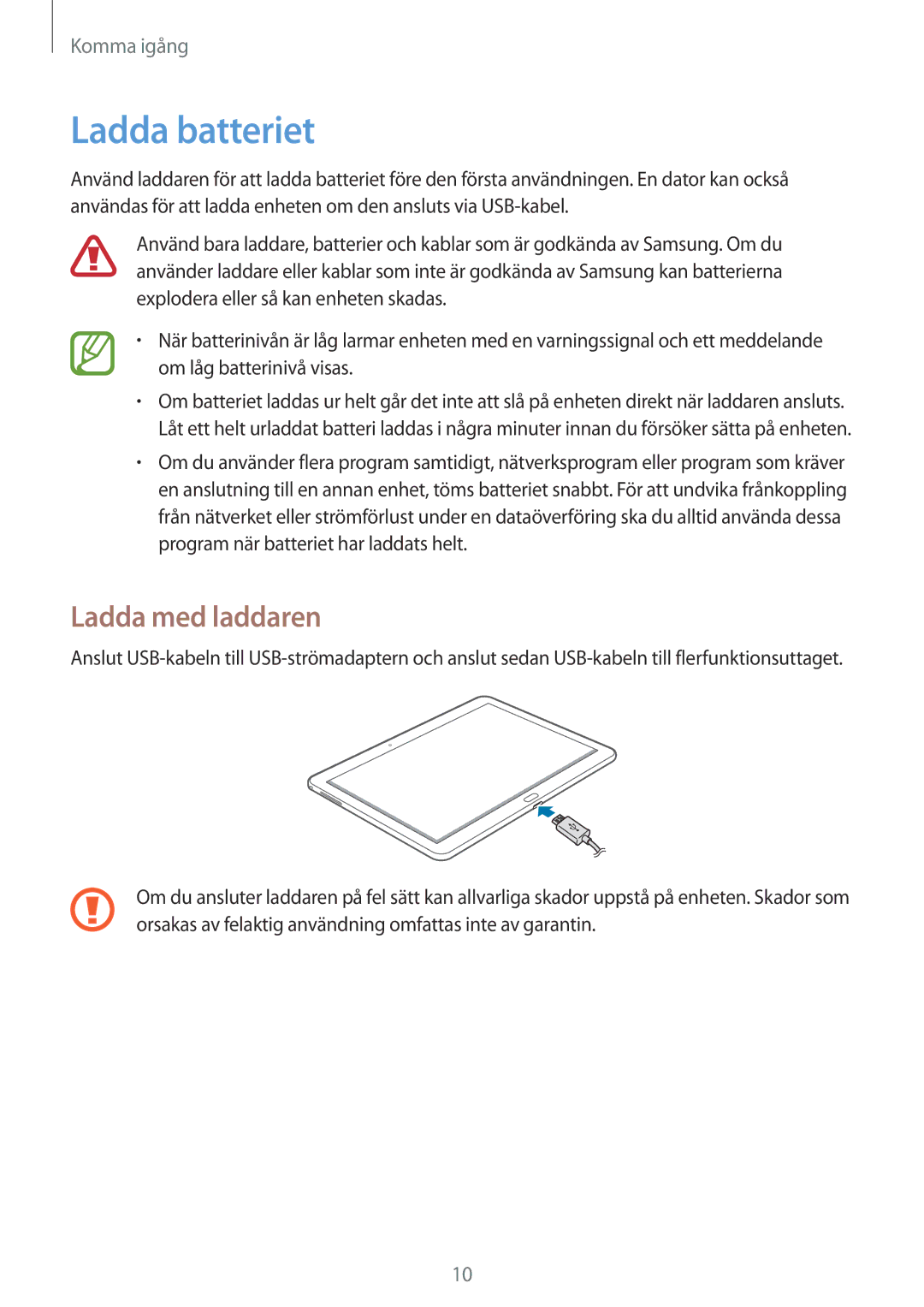 Samsung SM-P6000ZWENEE, SM-P6000ZKANEE, SM-P6000ZKENEE, SM-P6000ZWANEE manual Ladda batteriet, Ladda med laddaren 